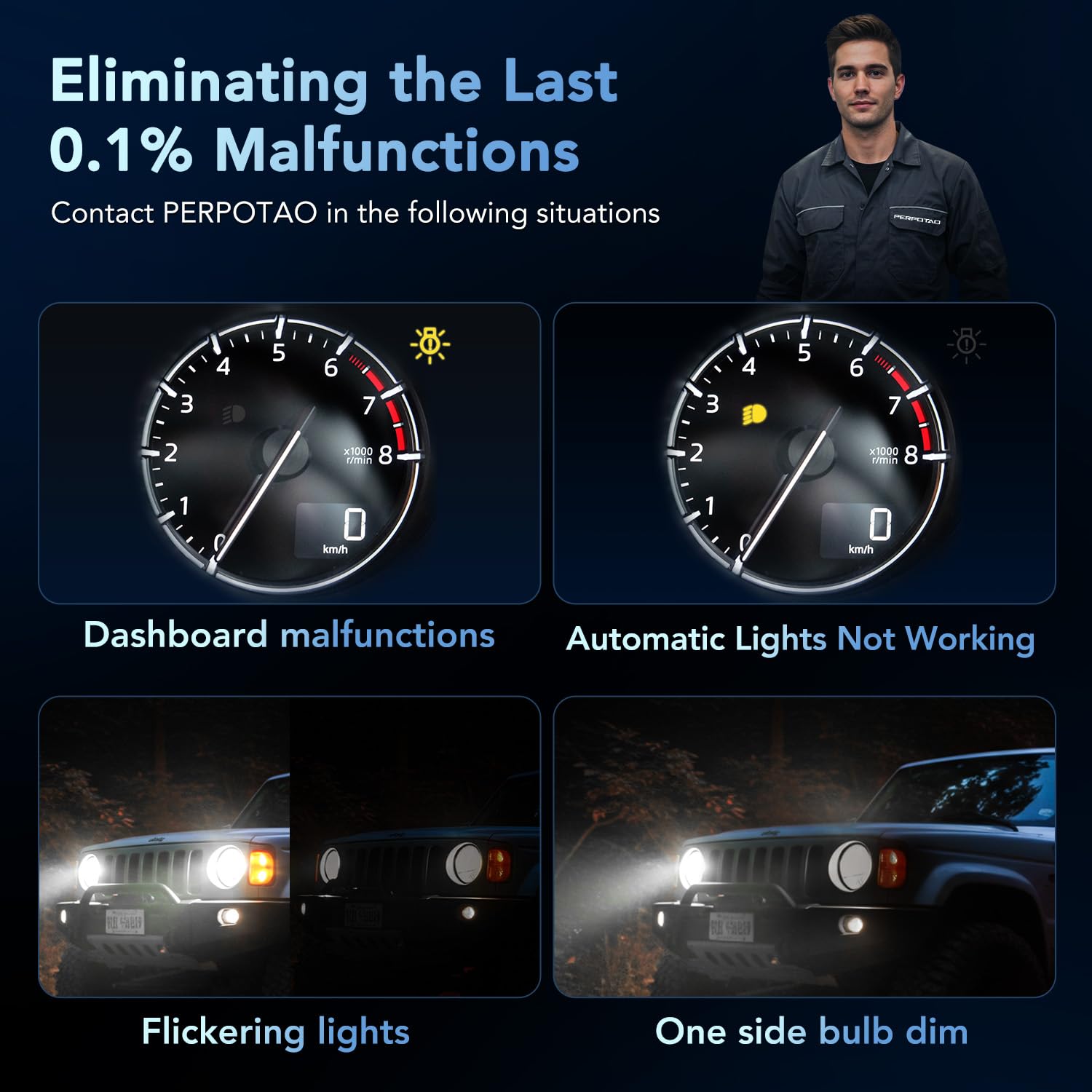 PERPOTAO 9005/HB3 H11/H8/H9 Head Light Bulbs Combo, 70000LM 800% Brighter, 60000H Lifespan, 6000K White, 1:1 Mini Size, IP68 Waterproof, Plug & Play, 4-Pack