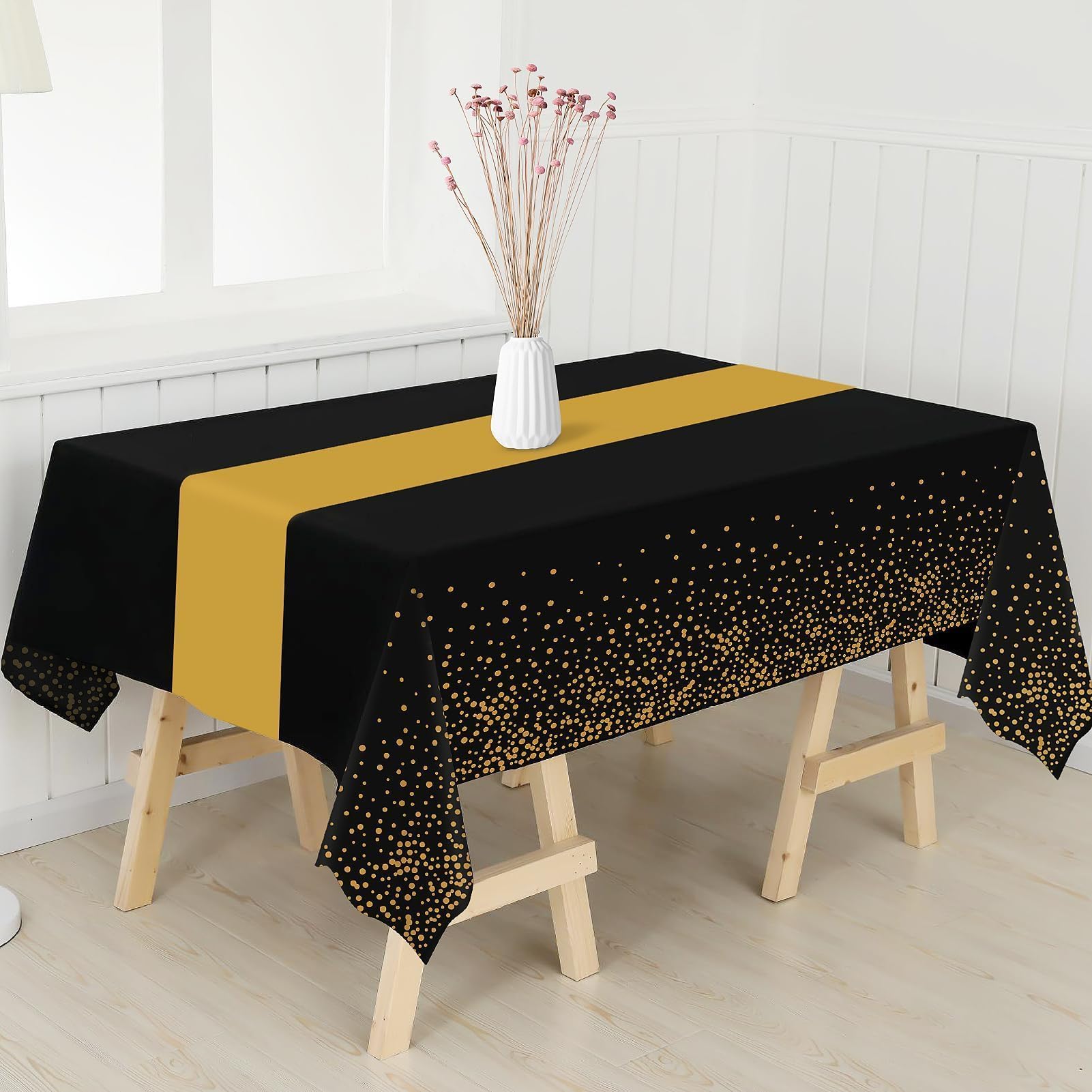 3 Pack New Years Tablecloth,Black and Gold Tablecloths for Rectangle Tables,New Years Decorations,54" x 108" Disposable Plastic Table Cloth for Parties,Birthday Party Decorations,Graduation,Wedding