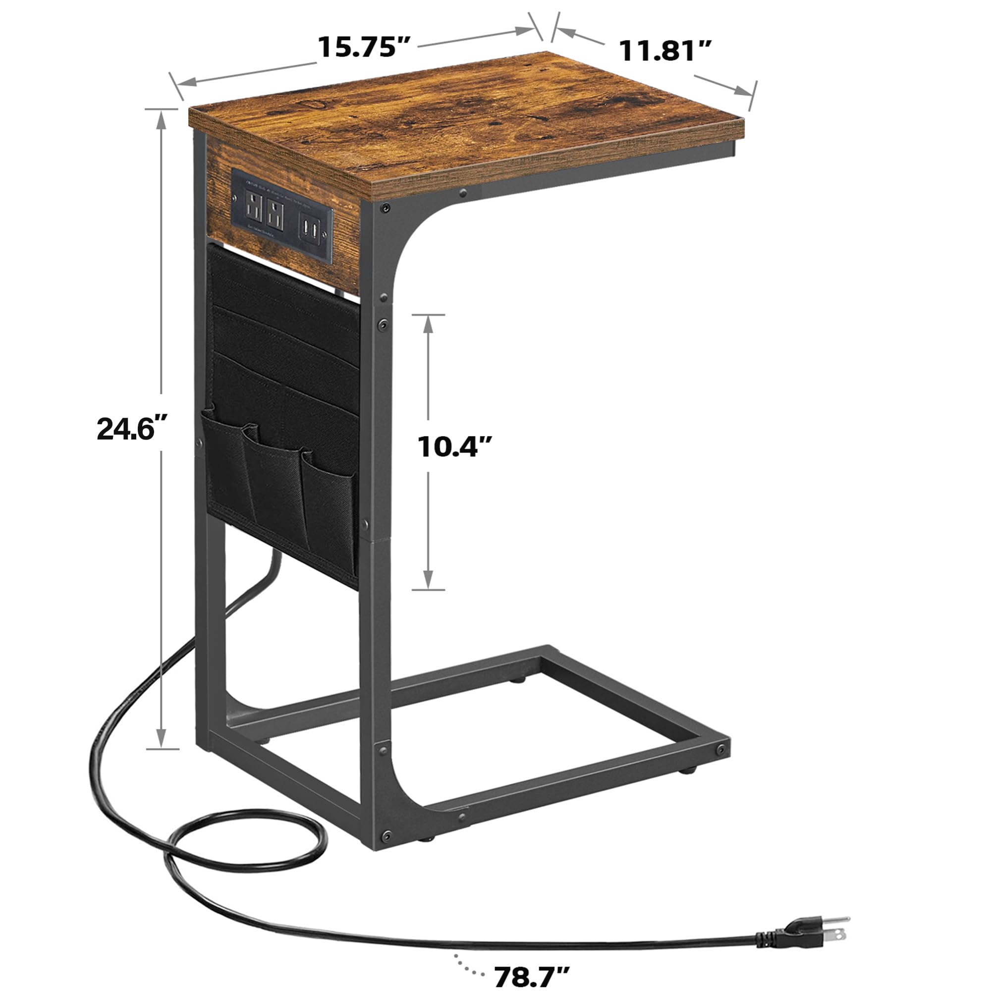 TUTOTAK C Shaped End Table with Charging Station, Side Table for Sofa, Couch Table with Storage Bag, TV Tray Table with 2 USB Ports and Outlets for Living Room, Bedroom, Brown TB01BB024