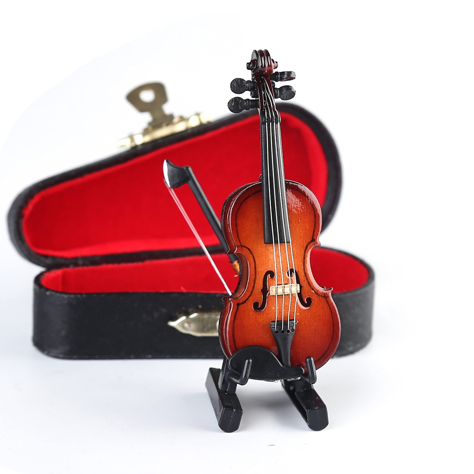 Dselvgvu Wooden Miniature Violin with Stand,Bow and Case Mini Musical Instrument Miniature Dollhouse Model Home Decoration (3.15"x1.18"x0.59")