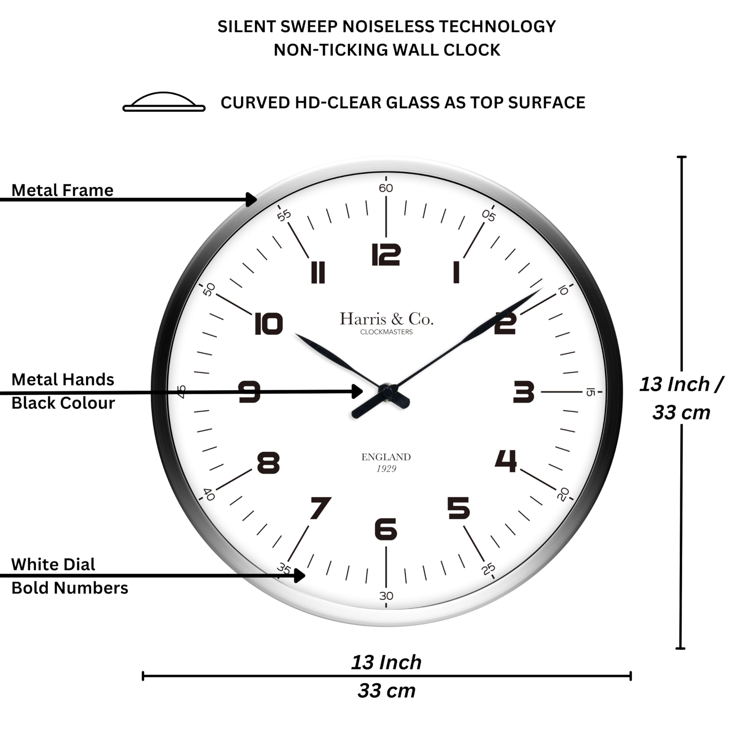 HARRIS & CO. CLOCKMASTERS ( 13 inch Premium Luxury Wall Clock Number Dial (Metal Frame & Curved Glass)(Silent Sweep Noiseless Technology) Model Name - Harley Street