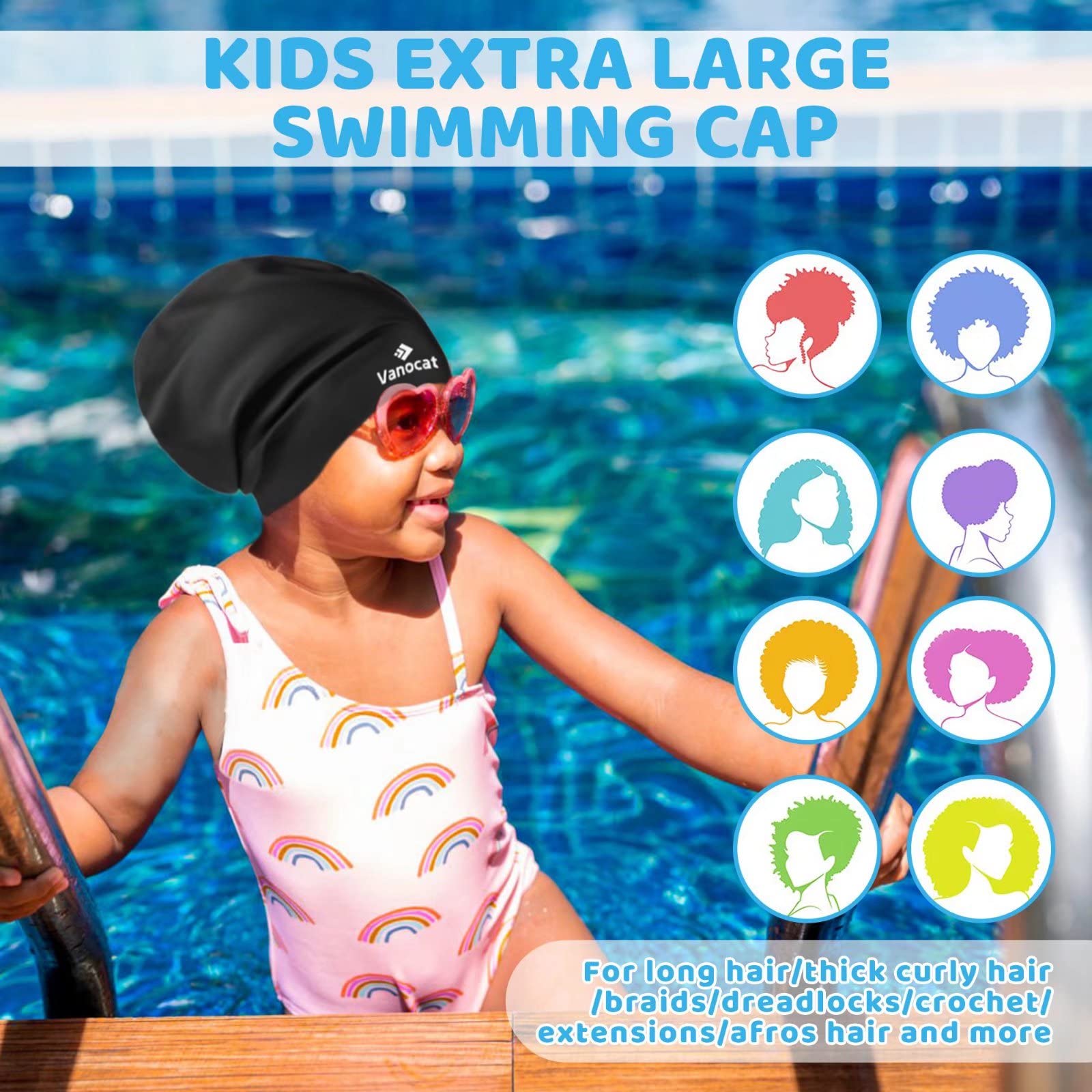 Kids Extra Large Swim Cap for Long Hair, Waterproof Silicone Swimming Caps for Boys Girls Children Youth Teen, Large Swim Hat for Long Thick Curly Hair & Dreadlocks Braids Weaves Afro Hair(Black)