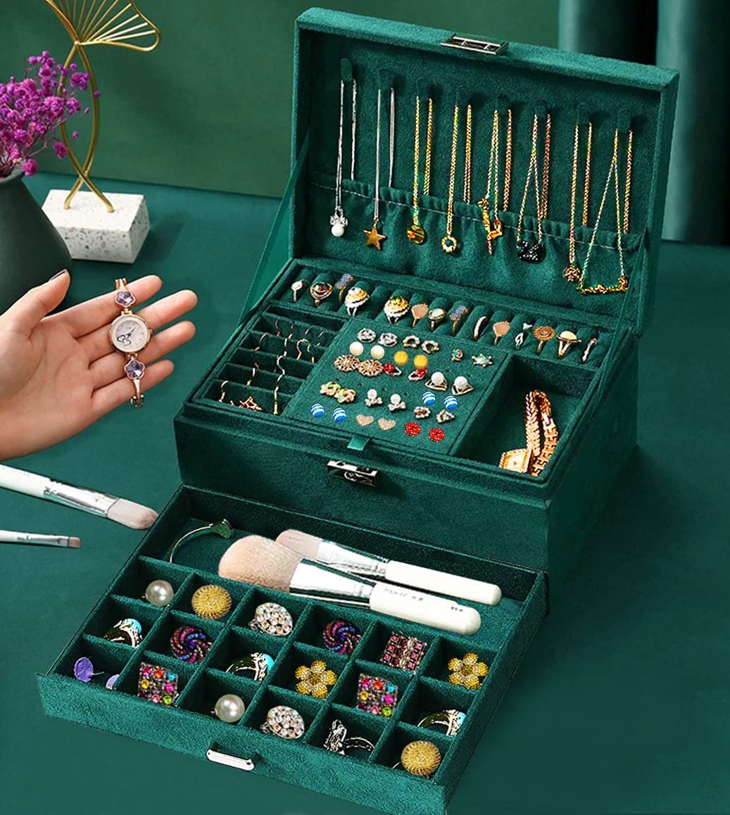 QBestry Jewelry Boxes for Women Earrings Jewelry Box Organizer for Women Green Jewelry Organizer with Lock,Velvet Jewelry Storage Box Jewelry Holder Organizer Jewelry Box for Necklace and Earring Ring