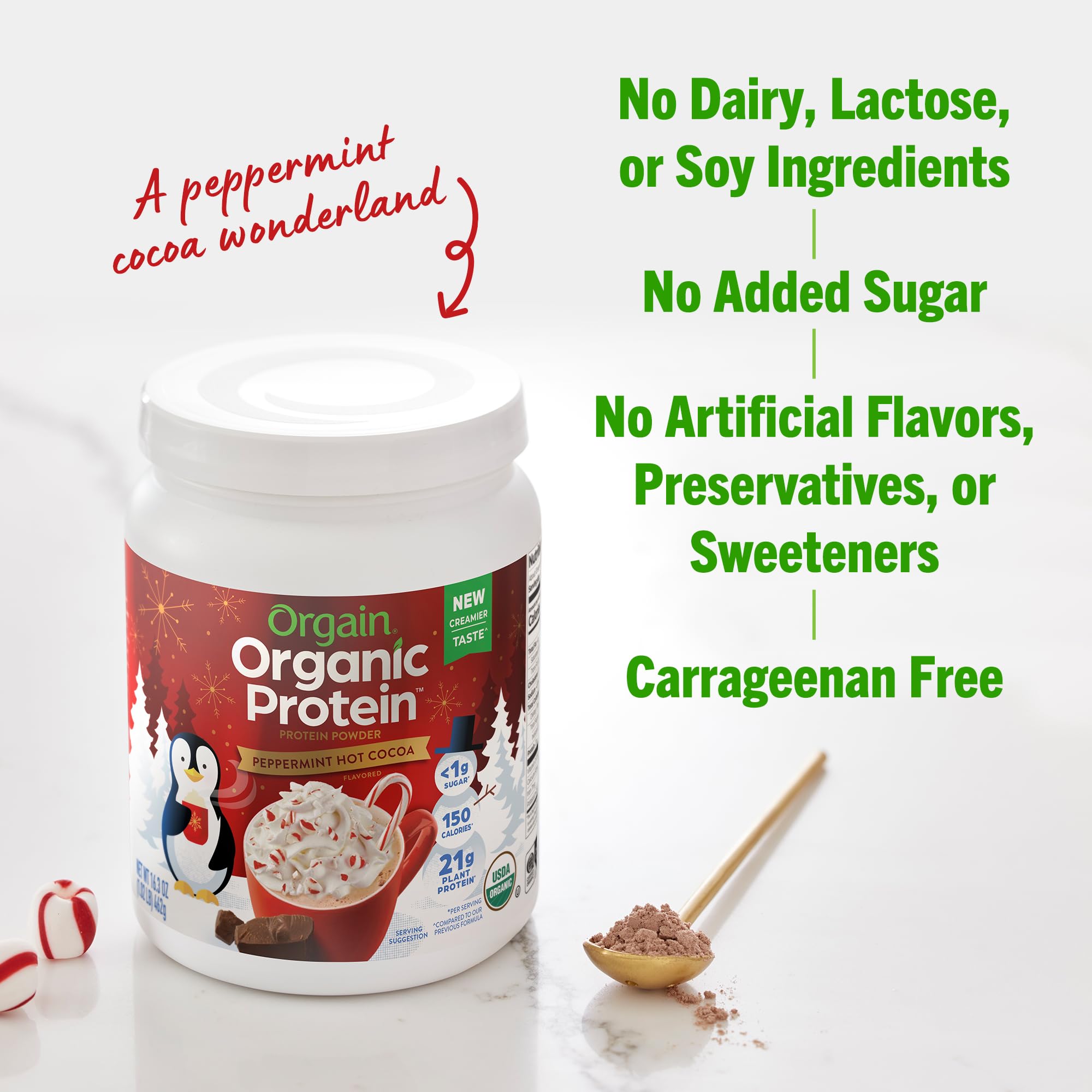 Orgain Organic Vegan Protein Powder, Peppermint Hot Cocoa Holiday Flavor - 21g of Plant Protein, 5g Prebiotic Fiber, No Lactose Ingredients, Non-GMO, Shakes & Smoothies, 1.02 lb (Packaging May Vary)