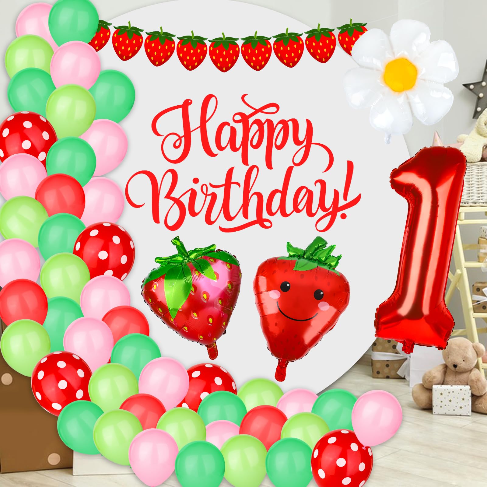 YFDFFSDCY 25 Pcs Berry First Party Decor Strawberry 1st Birthday Decorations Strawberry Hanging Banner Berry Balloons Strawberry First Baby Shower Decorations for Girls