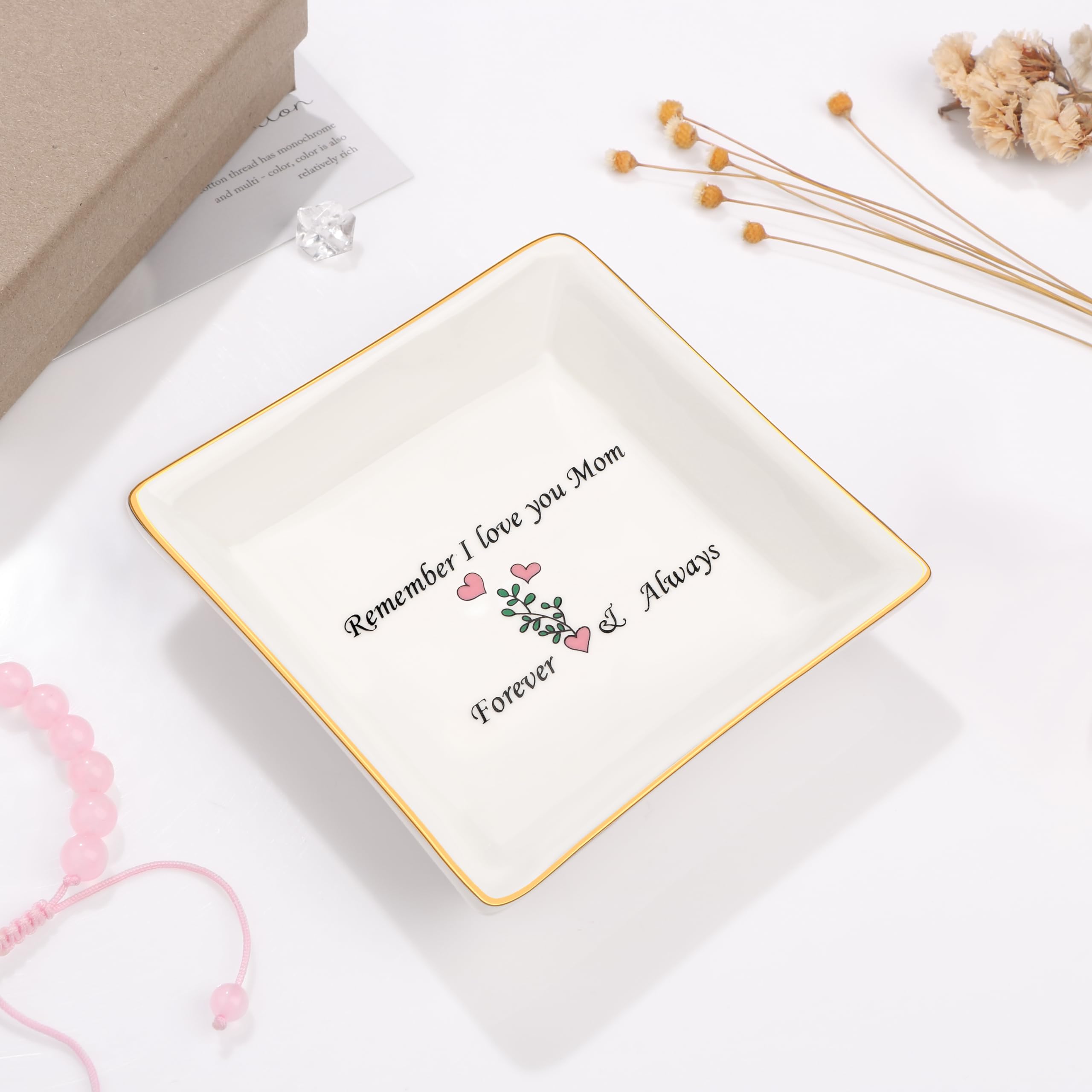 JoycuFF Trinket Dishes for Jewelry Mom Mother Birthday Christmas Mothers Day Gift Jewelry Tray for Rings Necklaces Bracelets Earrings Remember I Love You Mom Jewelry Dishes