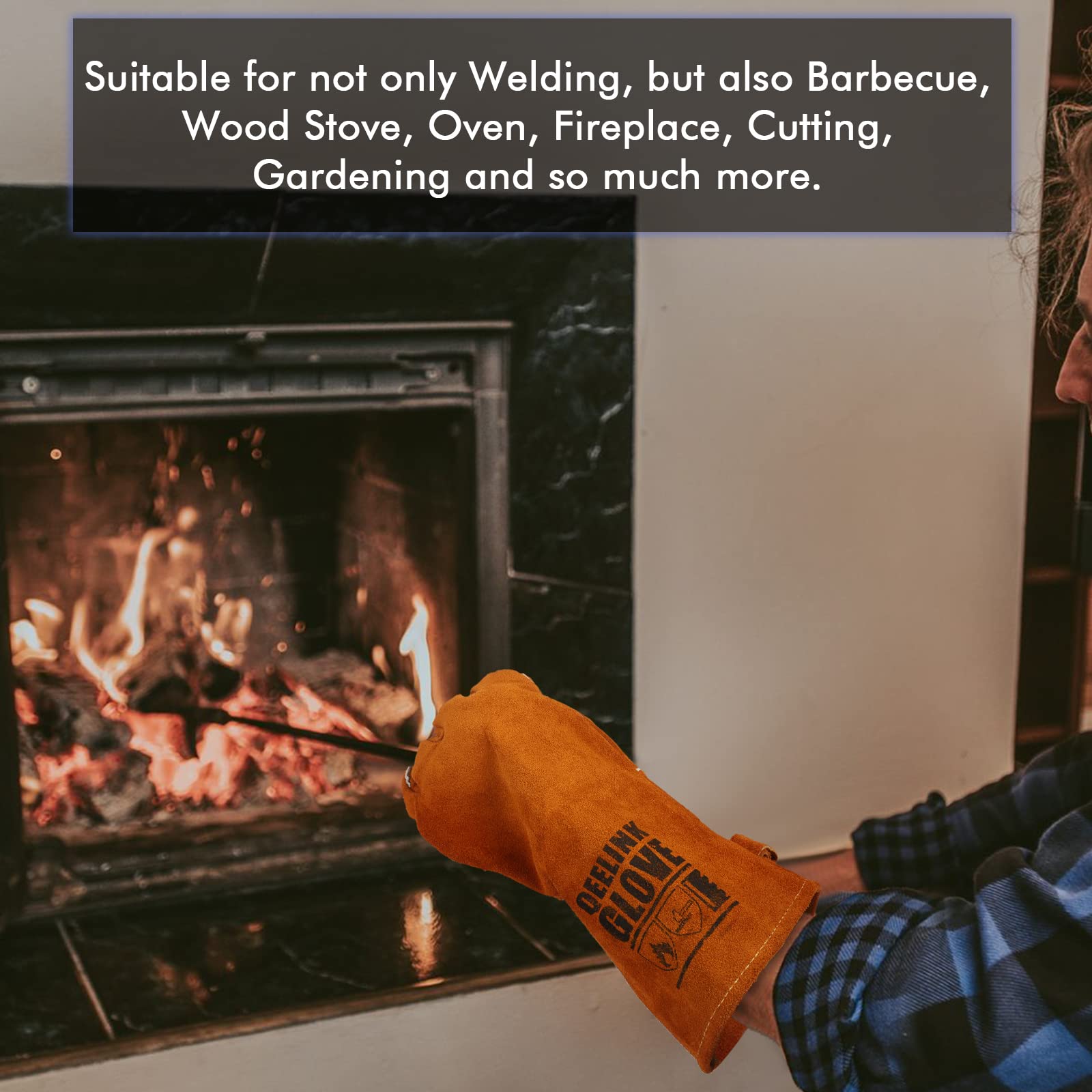 QeeLink Welding Gloves - Heat/Fire Resistant Lined Leather and Fireproof Stitching-Fireplace/BBQ/Gardening for Men or Women (14-inch, Brown)