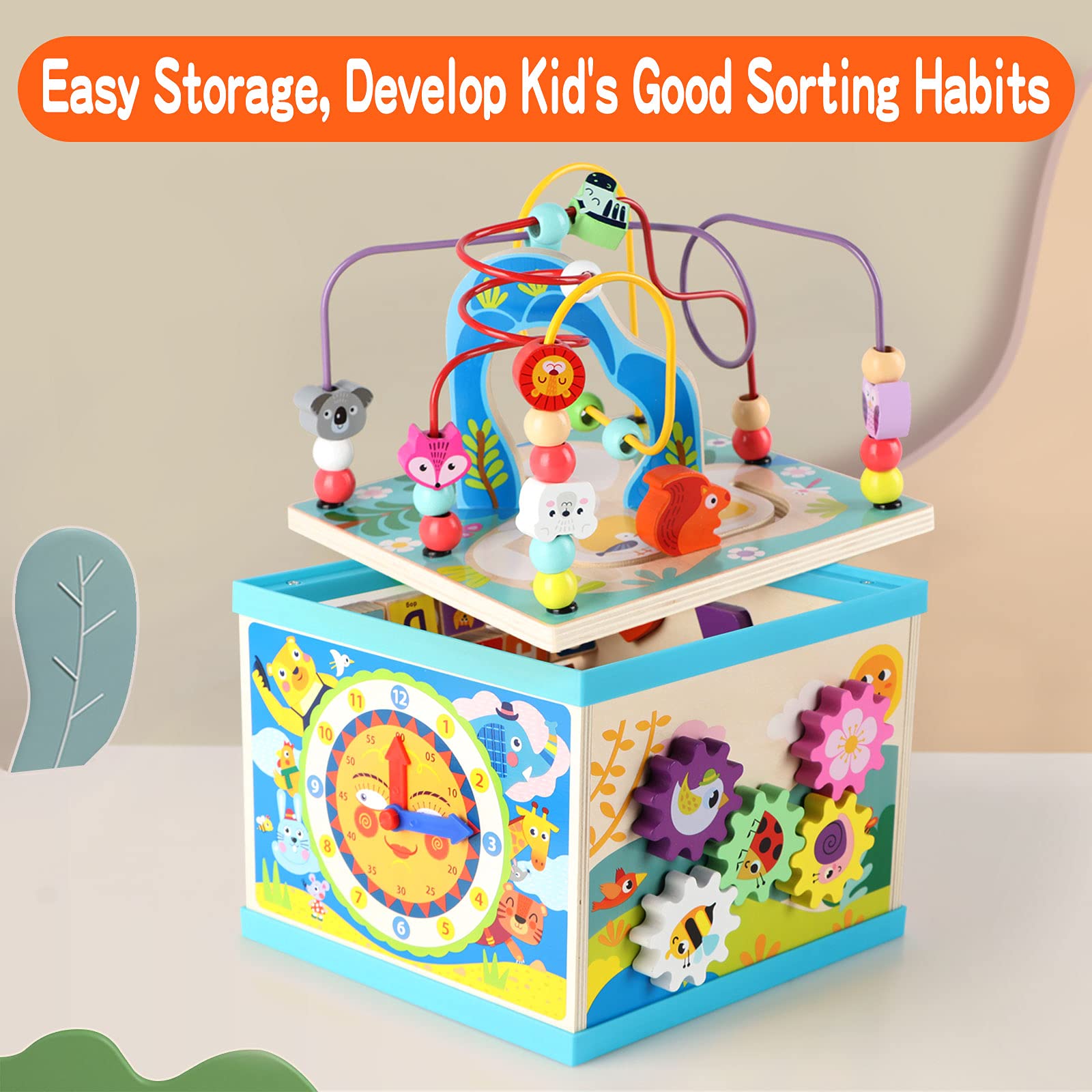 Qilay Wooden Activity Cube for Toddlers 1-3 (Large), 5 in 1 Multipurpose ABC-123 Abacus Bead Maze Shape Sorter | Early Educational Toy for Toddlers - First Birthday Present for Boys Girls