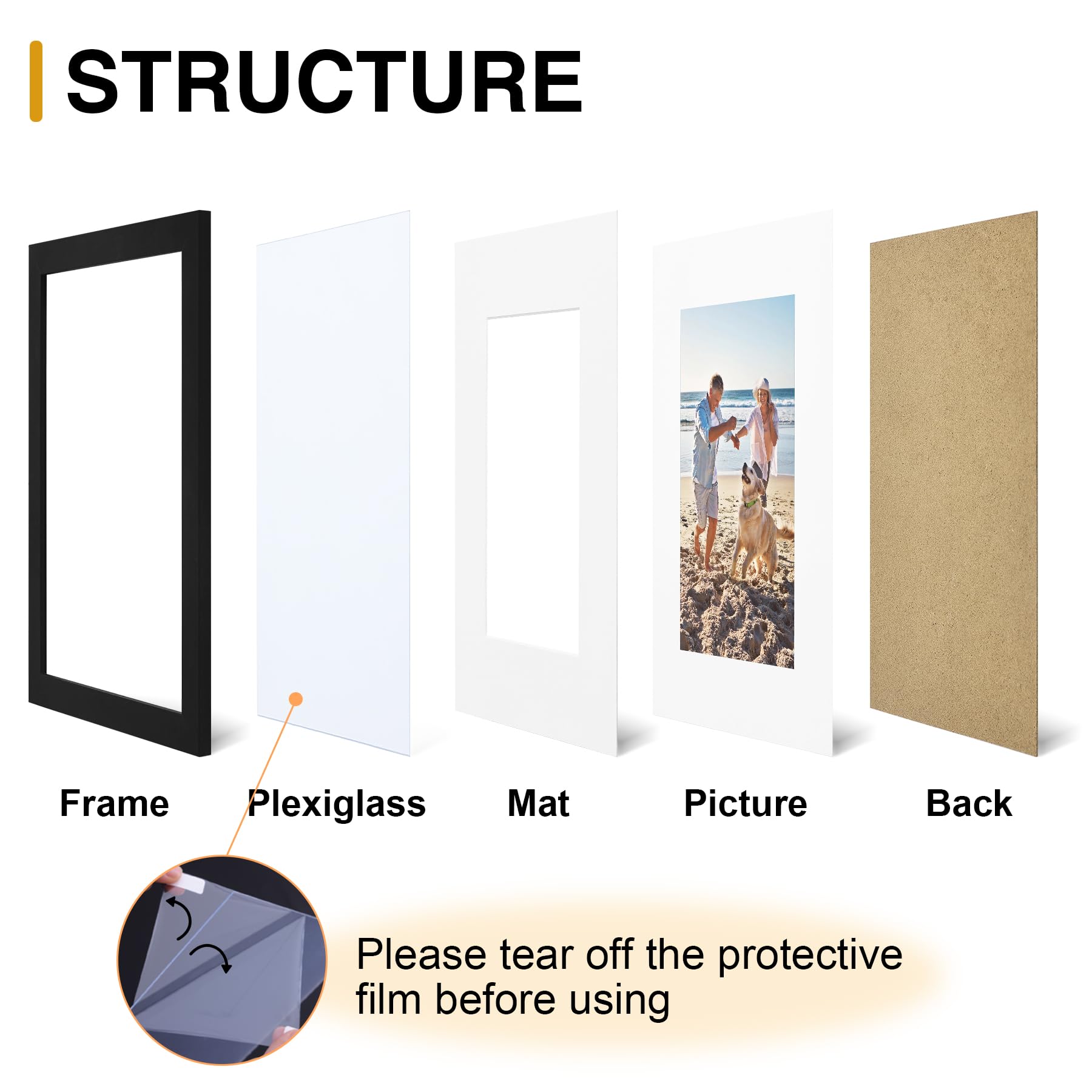 decorUhome 8x10 Picture Frame, Display Pictures 5x7 with Mat or 8x10 without Mat, Black Engineered Wood Photo Frame with Plexiglass for Wall & Tabletop Display, Picture Frames 8x10 Set of 1