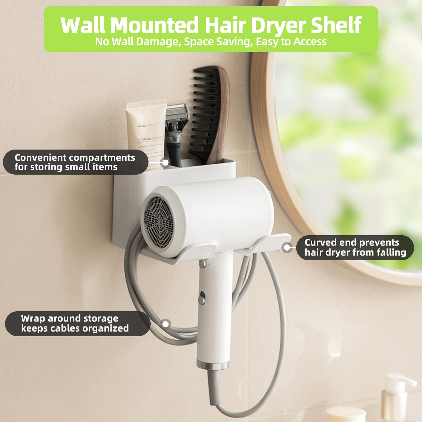 PAVSTINE Hair Dryer Holder Universal Wall Mount Blow Dryer Holder Strong Self Adhesive Hair Dryer Hanger with Plug&Cord Organizer Rack for Dyson Hair Dryer Holder Bathroom, Vanity, Cabinet, White