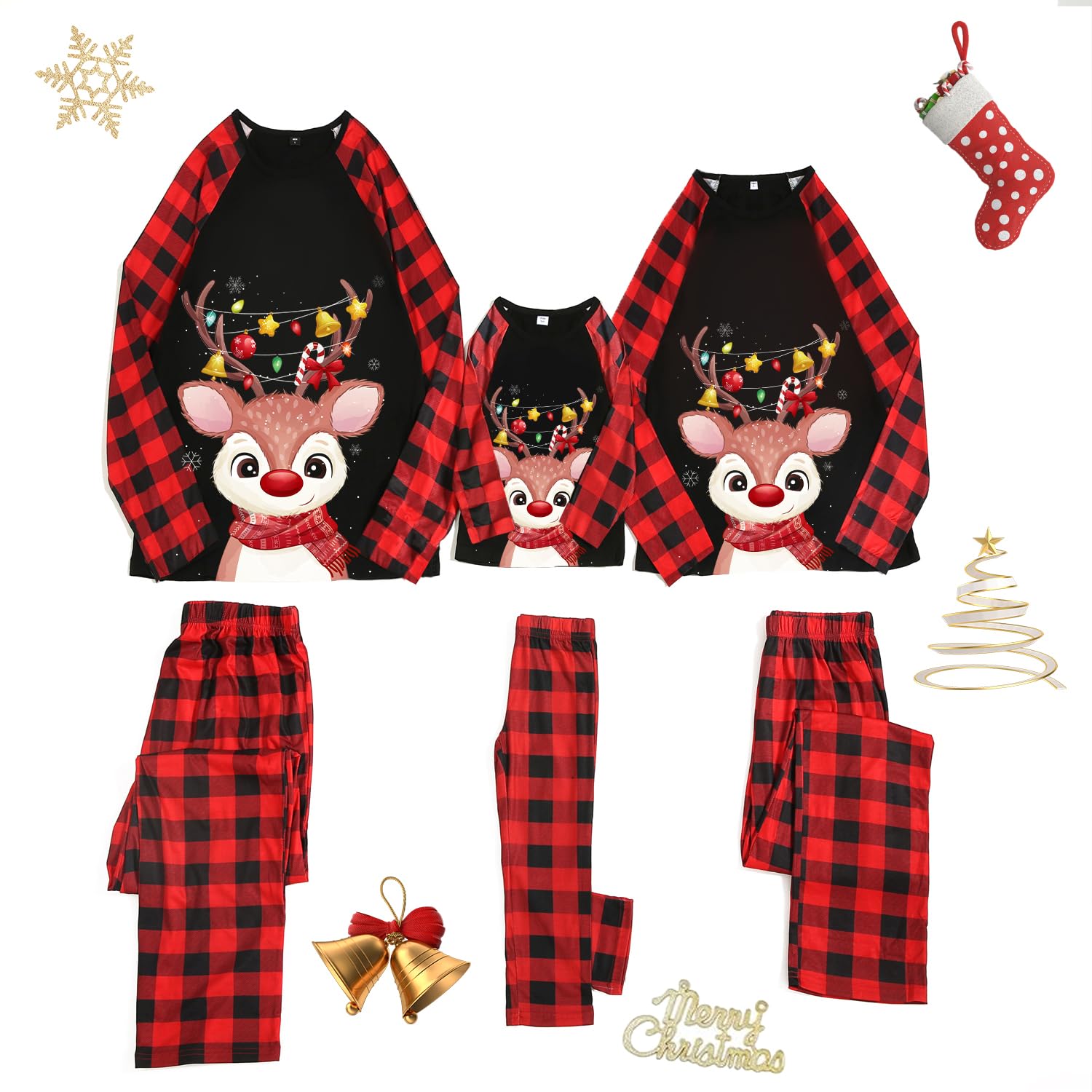 Umeyda Family Matching Christmas Pajamas, Holiday Pajama Sets for Family and Pets Scarf Pjs Xmas Outfits, Black Red Elk, One