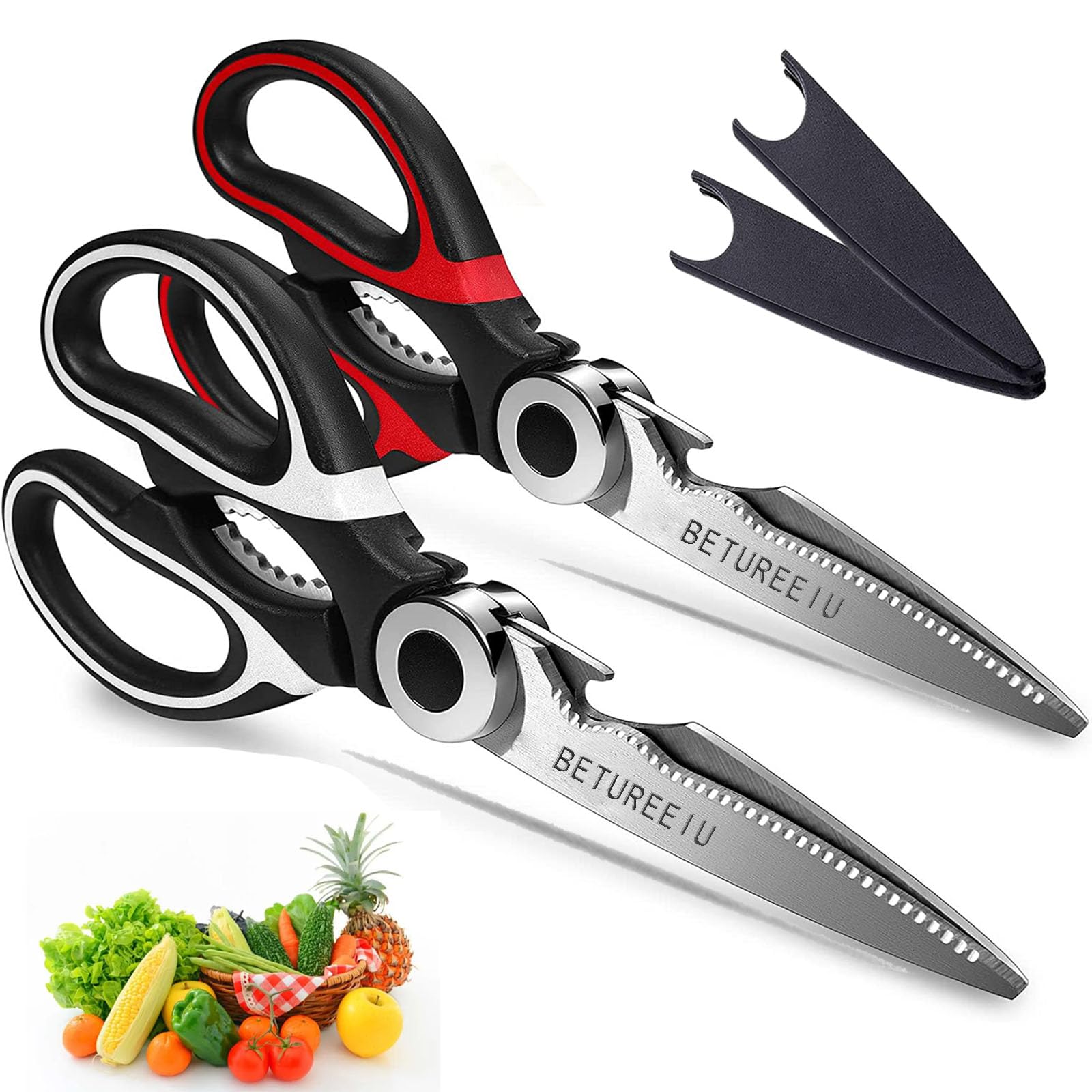 [2 Pack] BETUREEIU Kitchen Scissors, Heavy Duty Dishwasher Safe, All Purpose Utility Shears, Stainless Steel Sharp Food Cooking Tool for Meat, Chicken, Poultry, Fish, Vegetables