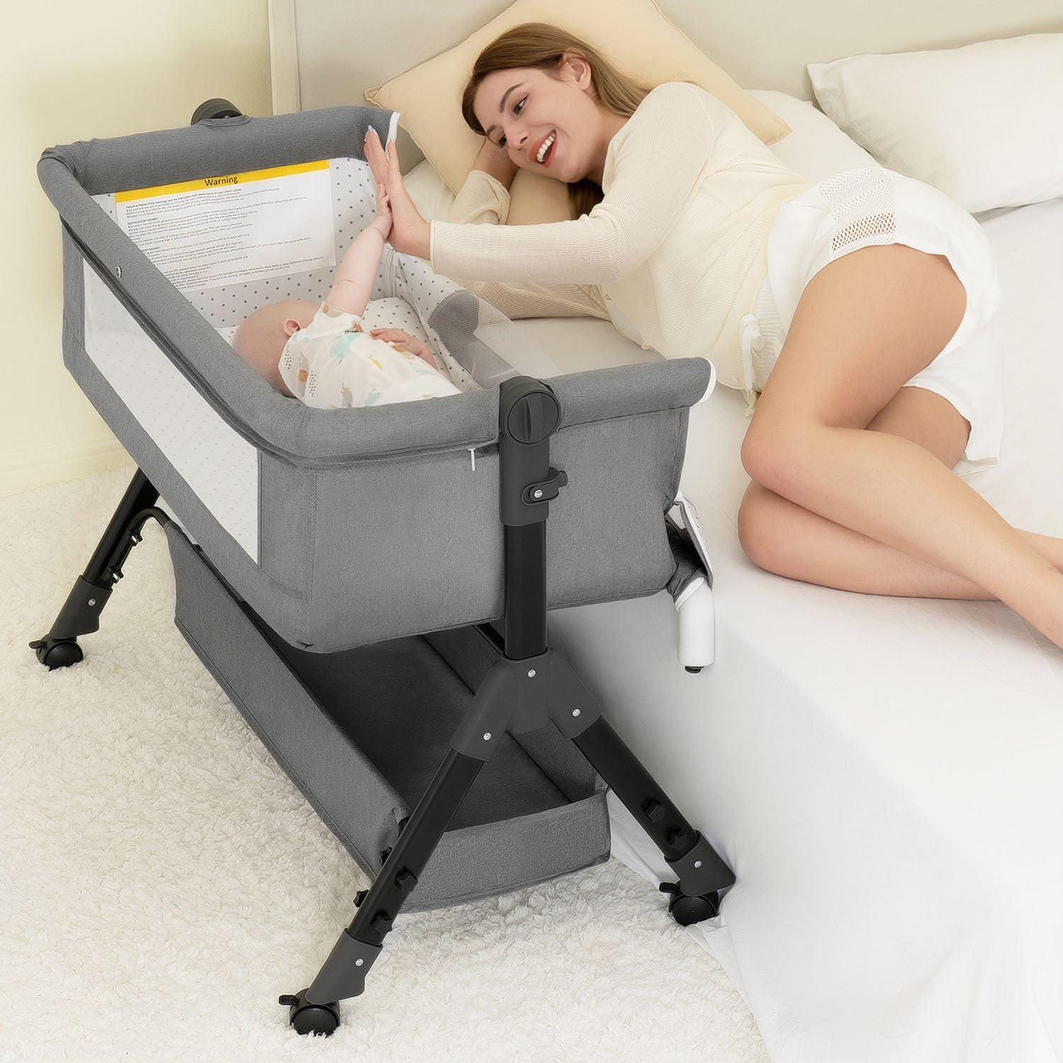 3 in 1 Baby Bassinet Bedside Sleeper, Bedside Crib for Baby, Adjustable Baby Bassinet with Wheels, Storage Basket, Mattress, Easy Assemble & Folding Portable Baby Cradle (Grey)