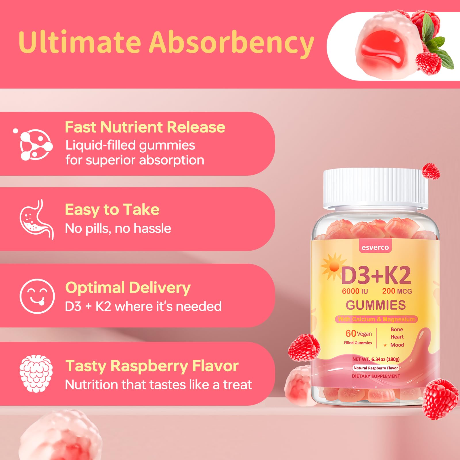 esverco Vitamin D3 K2 Gummies, 6000 IU Vitamin D3 + 200 mcg K2 (MK-7) with Calcium, Magnesium Glycinate, Extra Strength, High Absorption for Bone, Muscle, Teeth, Vegan, Raspberry Flavor, 120 Count