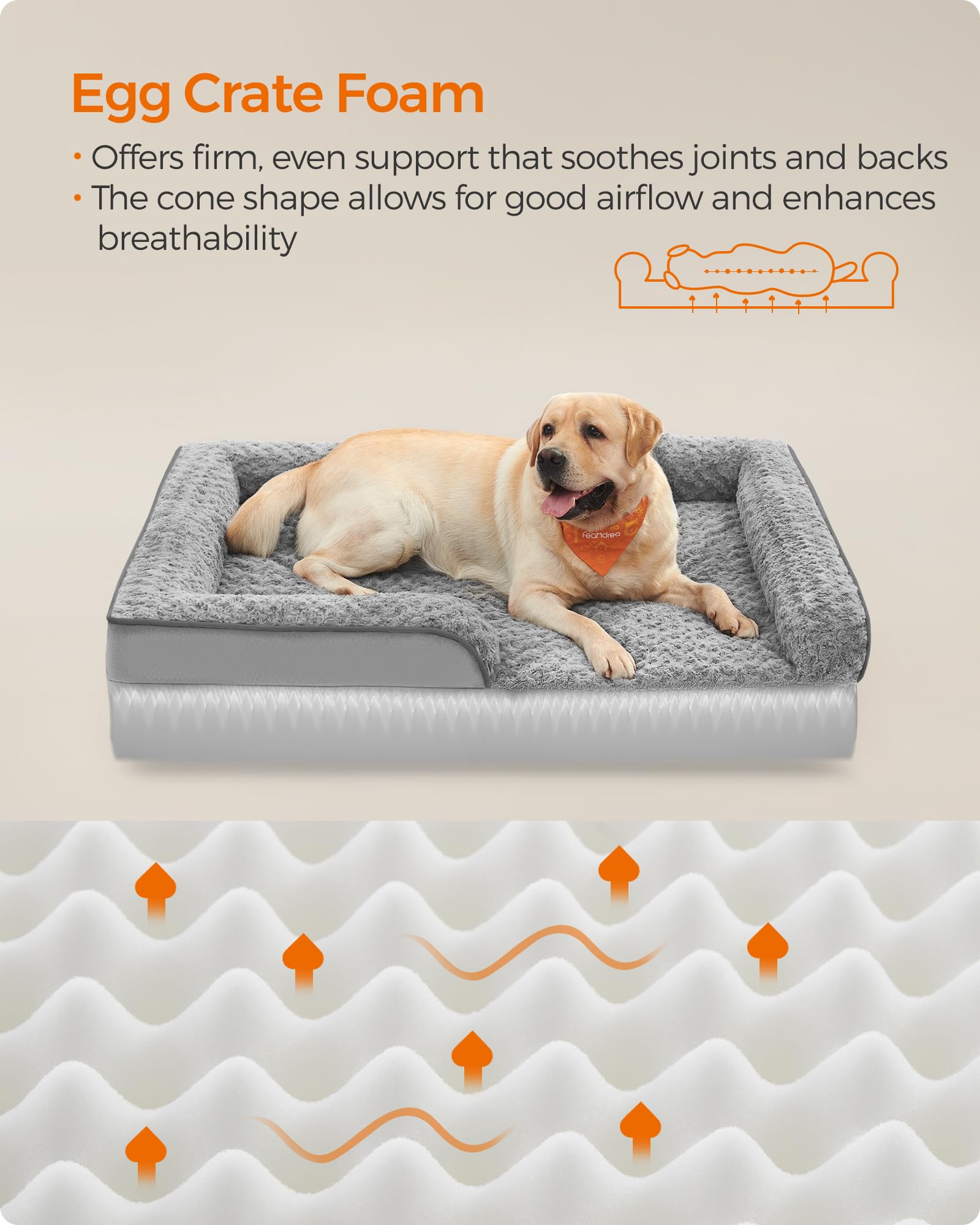 Feandrea Orthopaedic Dog Bed for Large Dogs, Waterproof Dog Sofa Bed with Removable Washable Cover, 36 x 27 x 6.5 Inches, Dove Gray UPGW252G01