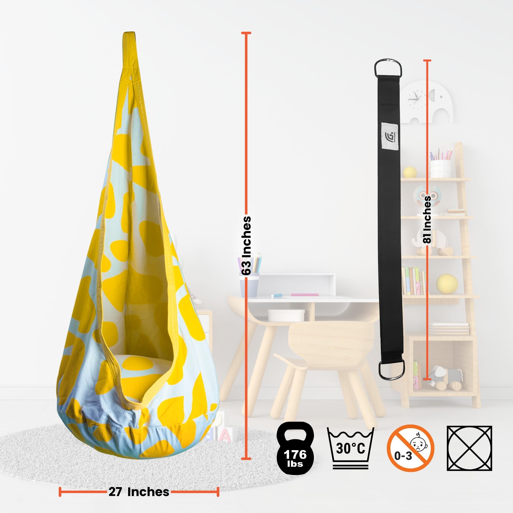 ARO GOM Calming Sensory Swing — Indoor Sensory Hammock for Kids & Adults, Supports up to 170 lb (77 kg), Double-Layer Canvas Fabric, Hanging Hardware Included, White-Yellow