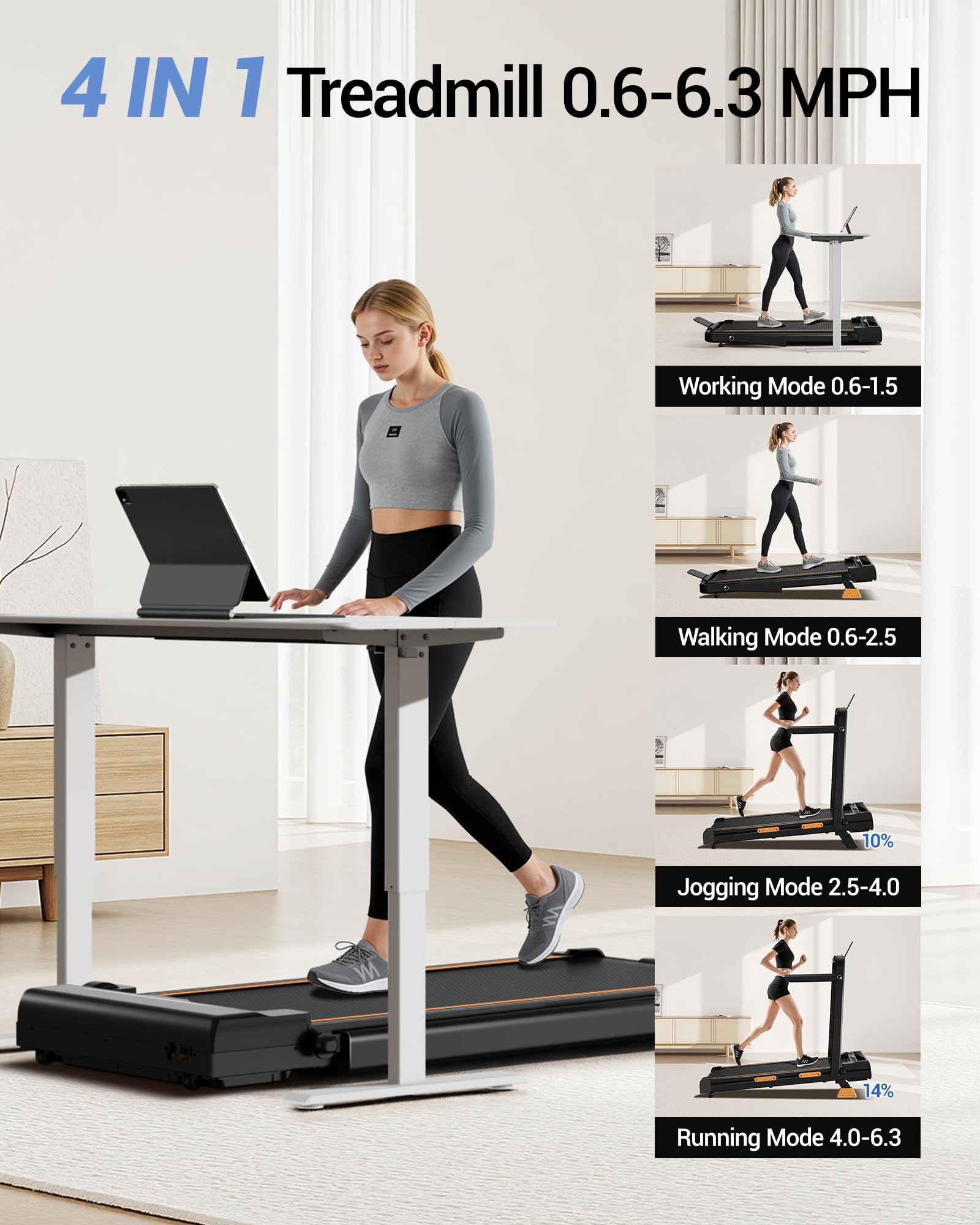 3-in-1 Portable Under Desk Treadmill, 17% Incline Walking Pad Treadmills for Home and Office, Folding Treadmill with 2.5 HP Quiet Brushless, 300 LBS Capacity