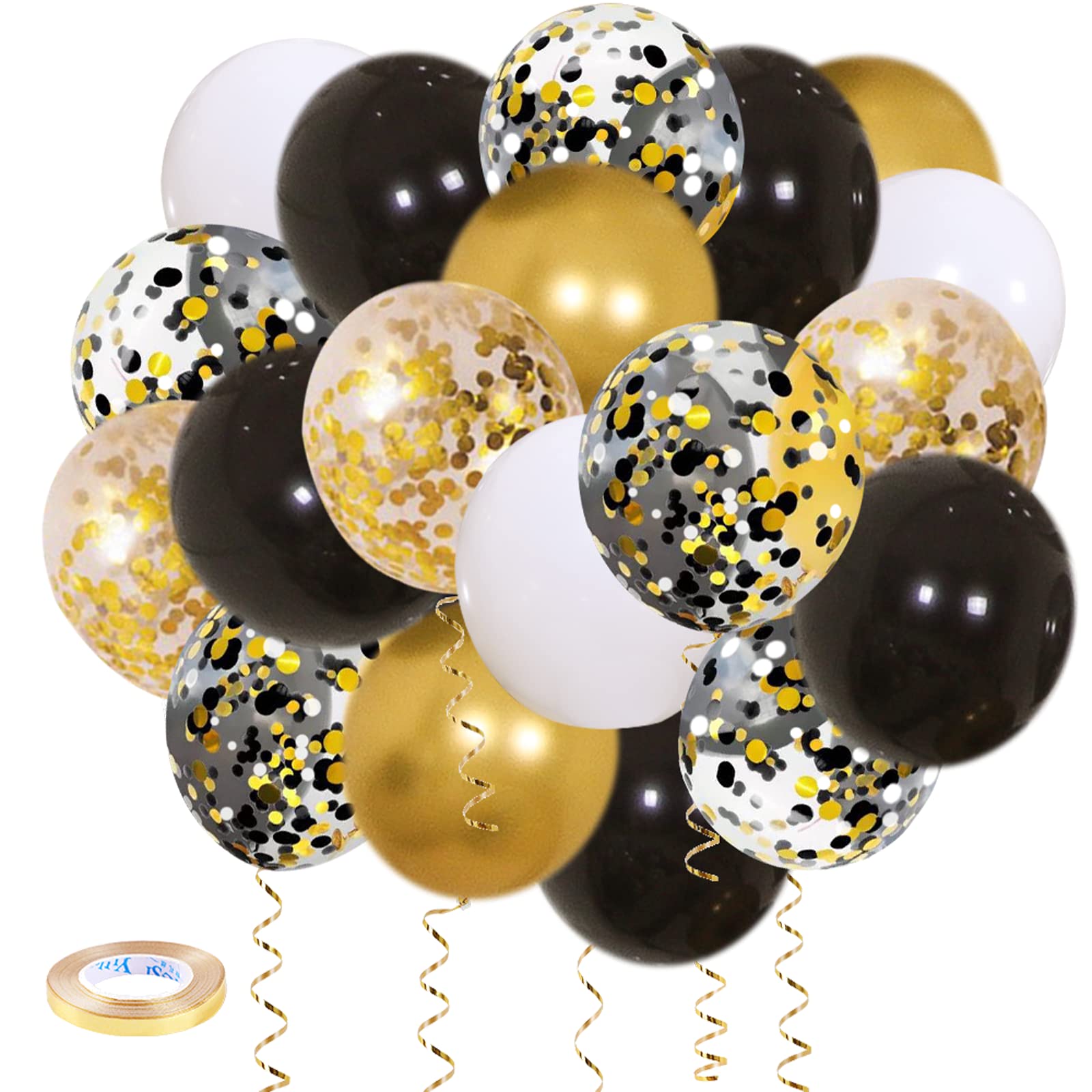 Zesliwy Black Gold Confetti Balloons 50 pack - 12 Inch Gold White and Black Confetti Balloons with Ribbons for Graduation Birthday Wedding Party 2025 New Years Decorations…