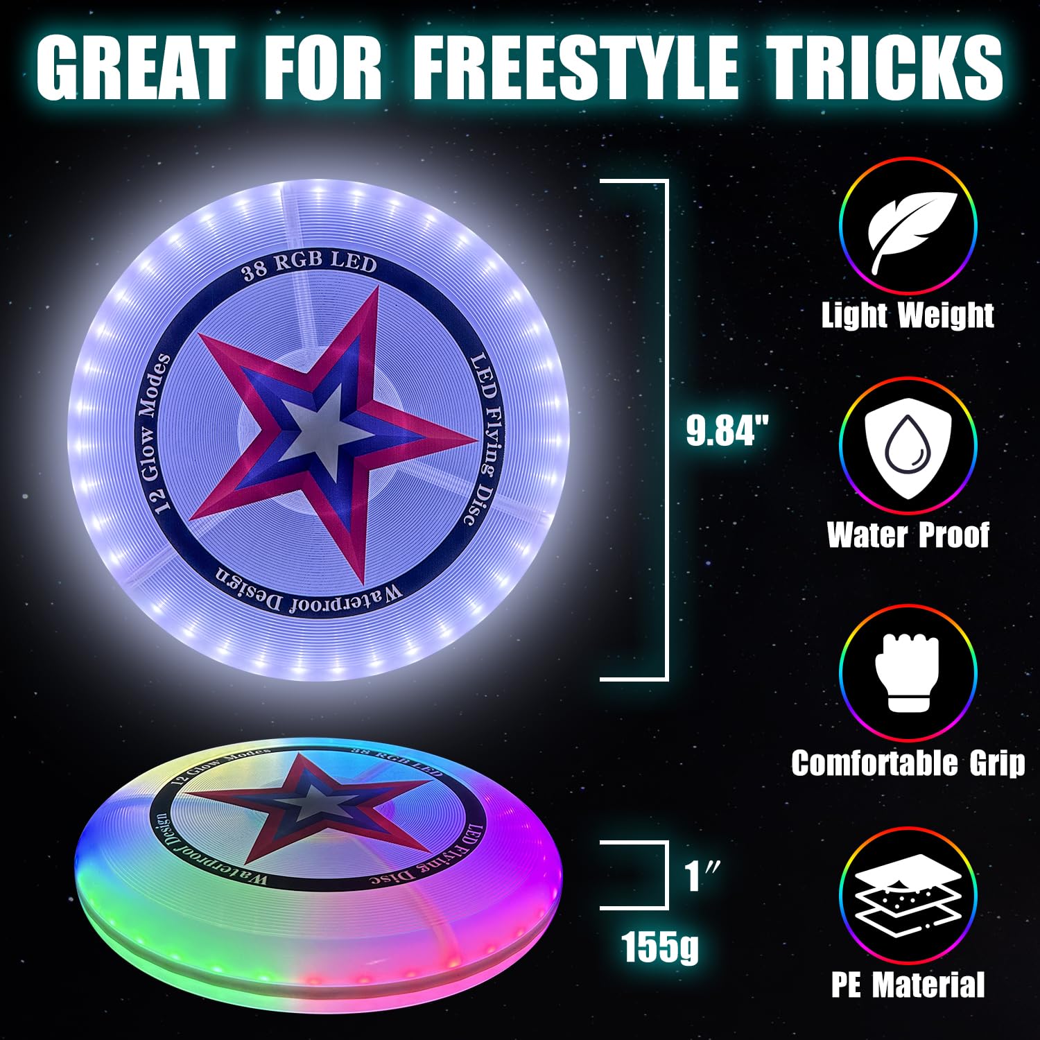 LED Flying Disc with Millions of Colors, Smart Light Up Modes, Rechargeable, Waterproof Glow in The Dark Outdoor Games Cool Toys for Adult and Family Boys Teens Kids Beach Camping Lawn Yard Games