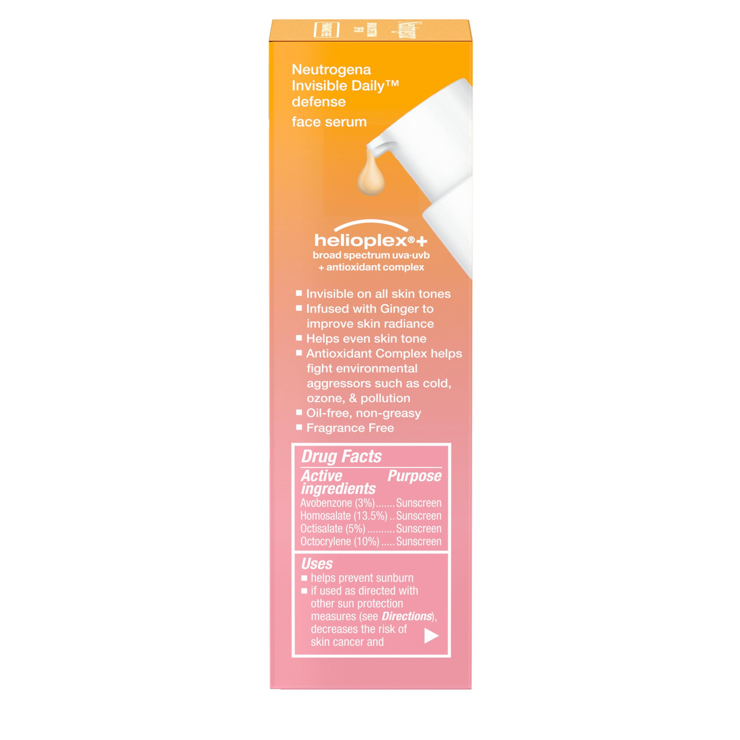 Neutrogena Invisible Daily Defense Face Sunscreen + Hydrating Serum with Broad Spectrum SPF 60 & Antioxidants to Help Skin Glow, Oil-Free, Fragrance Free, 1.7 fl. oz