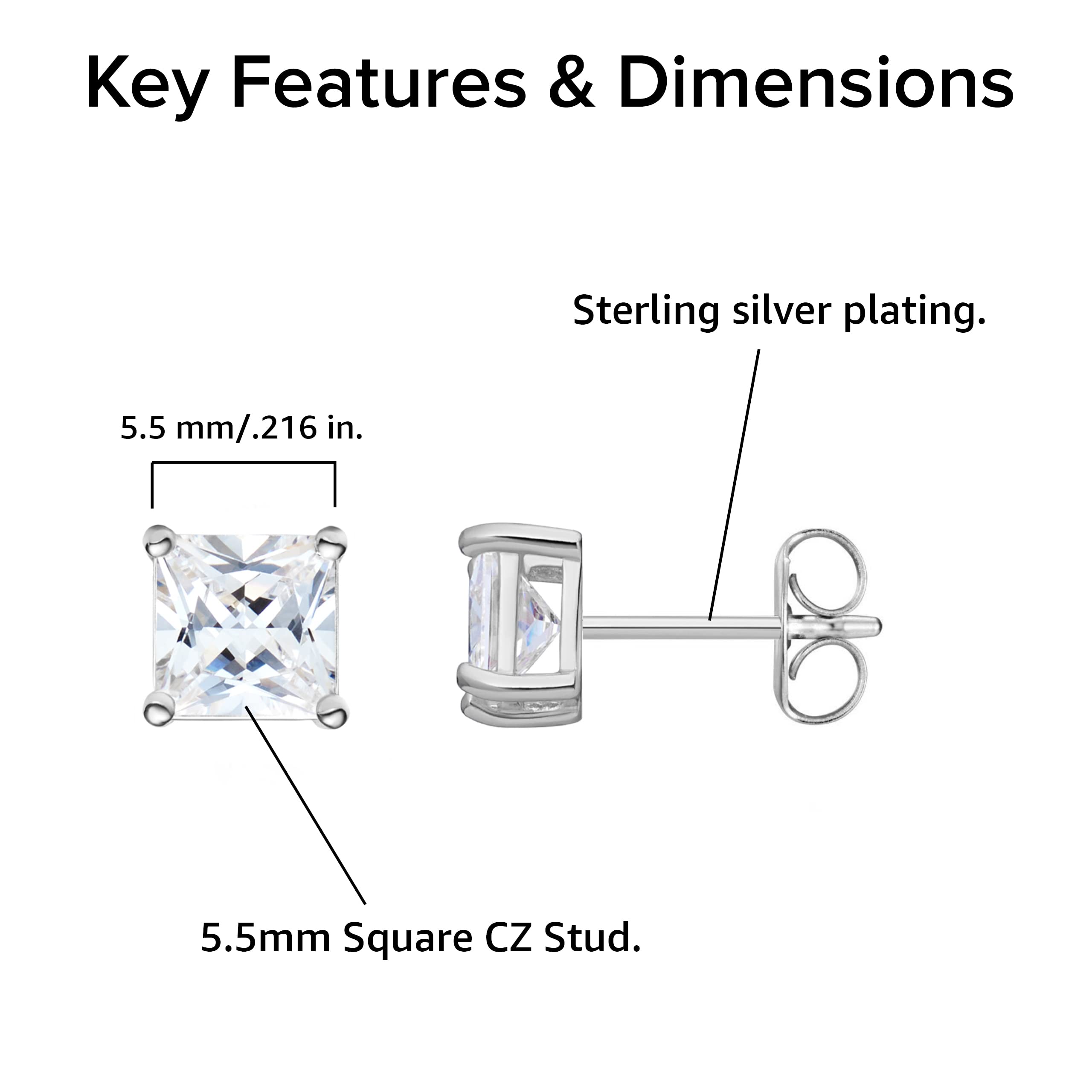 Amazon Essentials Platinum Plated Sterling Silver Princess Cut Cubic Zirconia Stud Earrings (5.5mm)