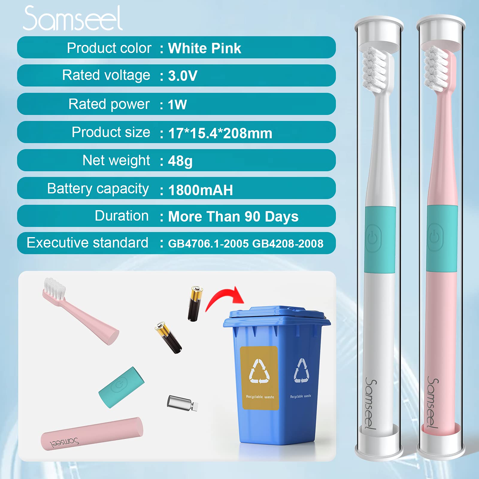 Samseel (2-Pack, White and Pink Sonic Electric Toothbrush Lasting for 90 Days Travel Essential Waterproof Portable Mini Design for Daily Oral Care Business Travelling and Holiday Use