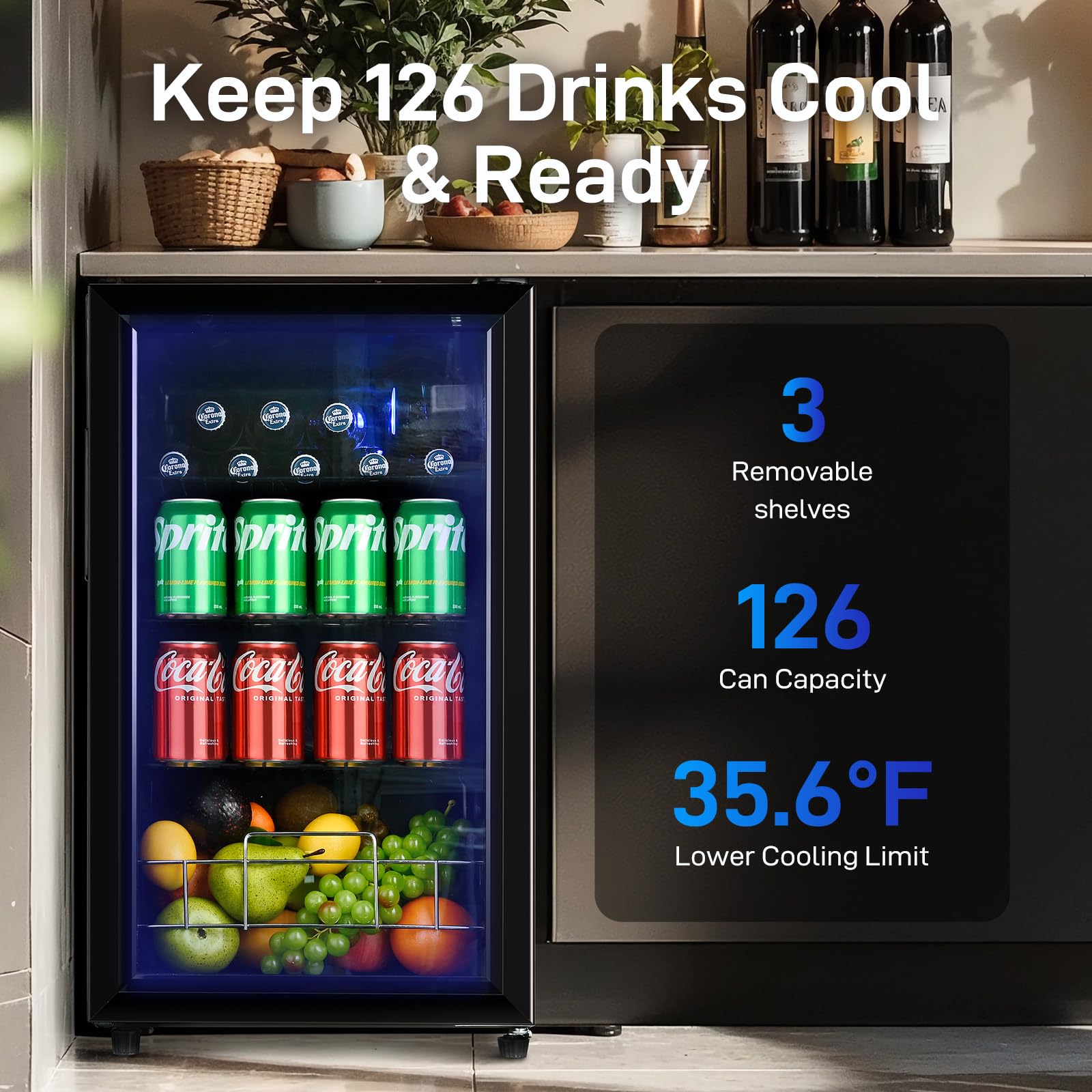 Anypro Beverage Refrigerator and Cooler, 2.6 Cu.Ft Mini fridge with Tempered Glass Door, 126 Cans Wine Drink Beer Fridge, Small Refrigerator for Office Bedroom Bar, 7 Temperatures, Adjustable Shelves