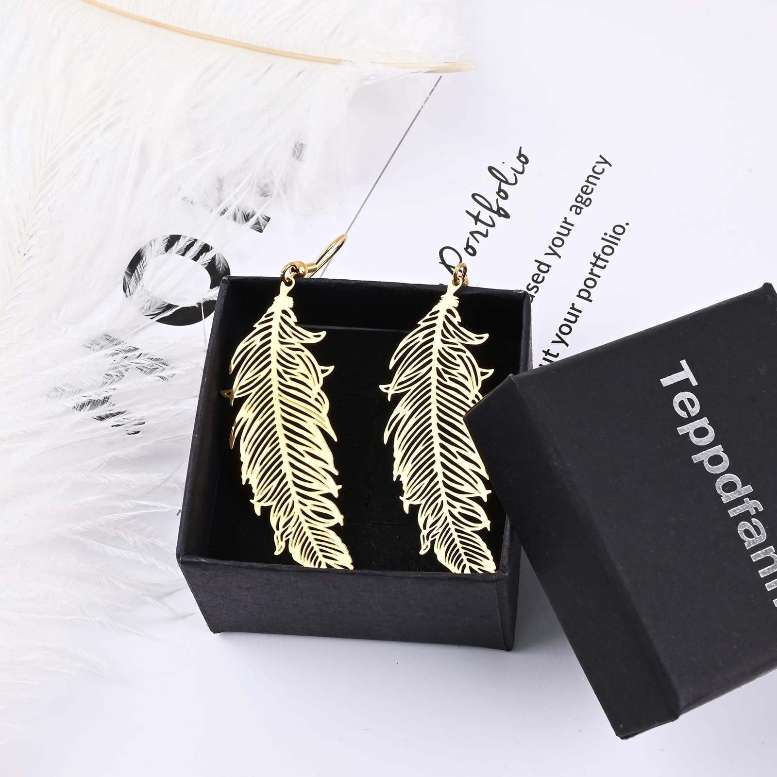 Gold Feather Leaf Drop Dangle Earrings for Women, Handmade Long Earrings Hypoallergenic Plant Earrings for Gift