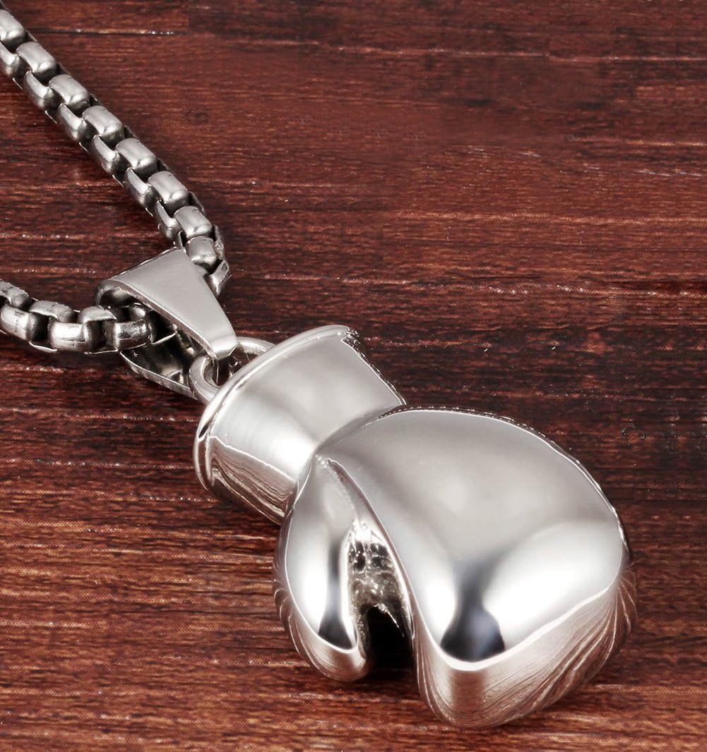 Hamoery Men Women Punk Stainless Steel Silver Boxing Glove Chain Pendant Necklace(Silver(Men))