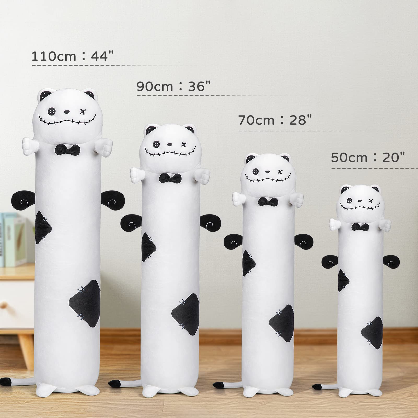 Mewaii Long Cat Plush Kawaii Body Pillow, 44” White Cat Stuffed Animals Soft Plushies, Halloween Ghost Cat Big Plush Pillow Doll Toy Gift for Girls Boys