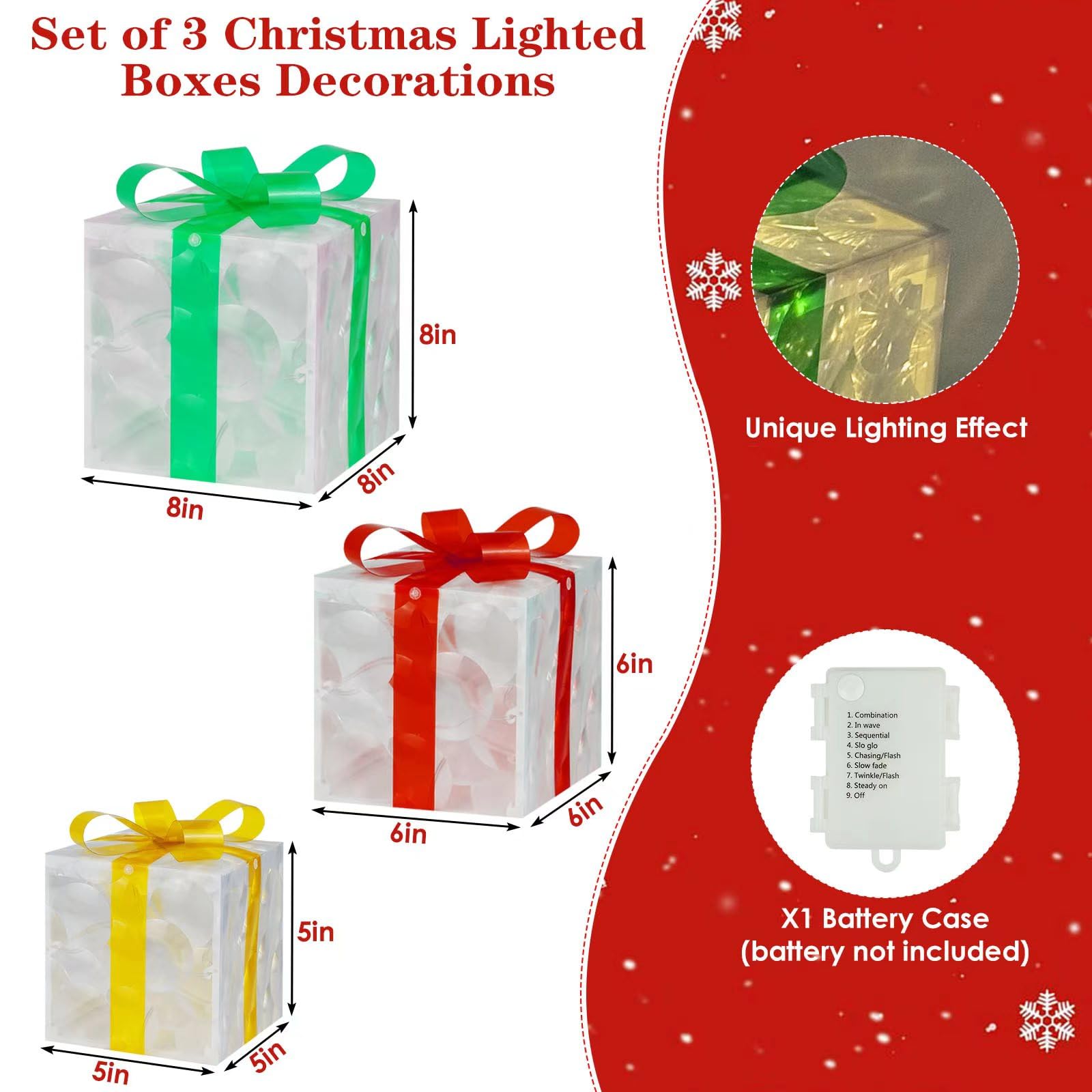 Set of 3 Christmas Lighted Boxes Decorations Indoor Outdoor, 60 LED Christmas Light Up Present Box with 8 Modes, Battery Powered Gift Box for Xmas Tree Yard Home Porch Holiday Lawn Decor(Warm White)