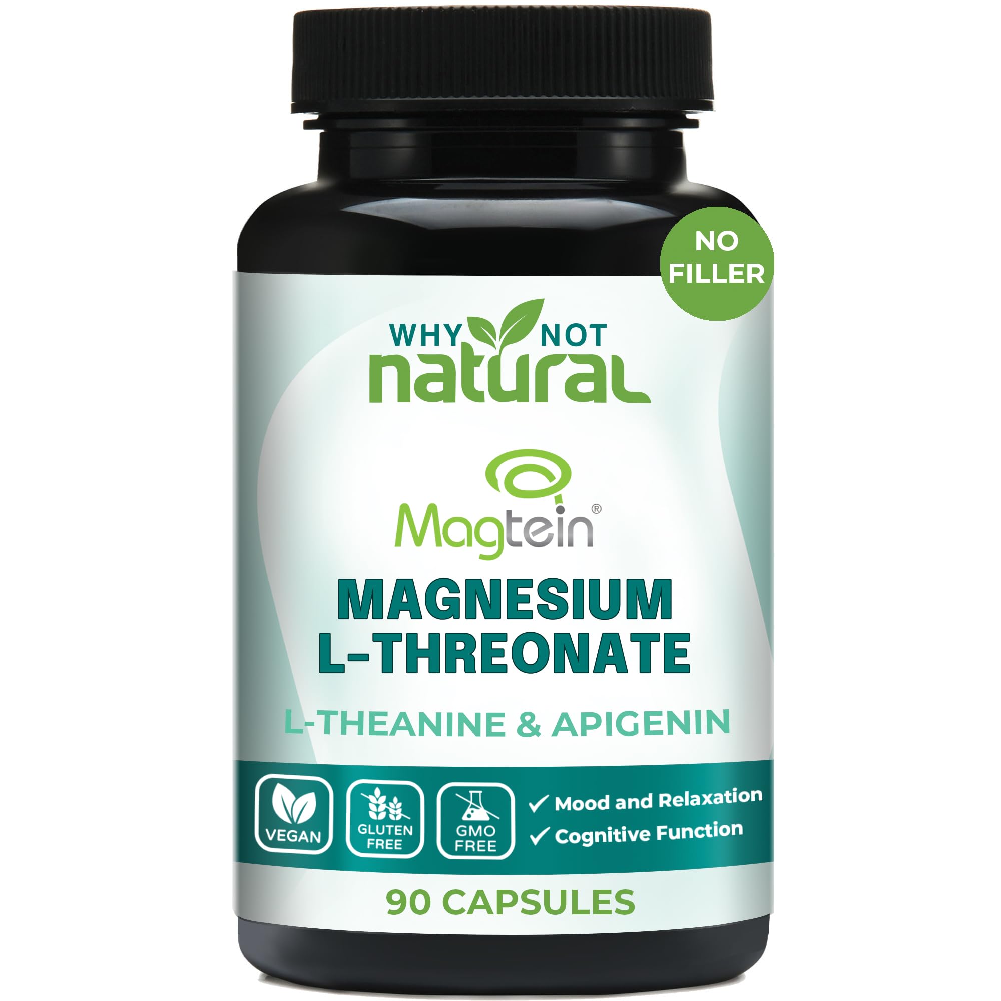 Why Not Natural Magnesium L-Threonate Complex with Apigenin and L-theanine 90 Capsules, Patented Magtein Supplement, Sugar Free, Vegan, Non-GMO, Gluten Free, 90 Capsules