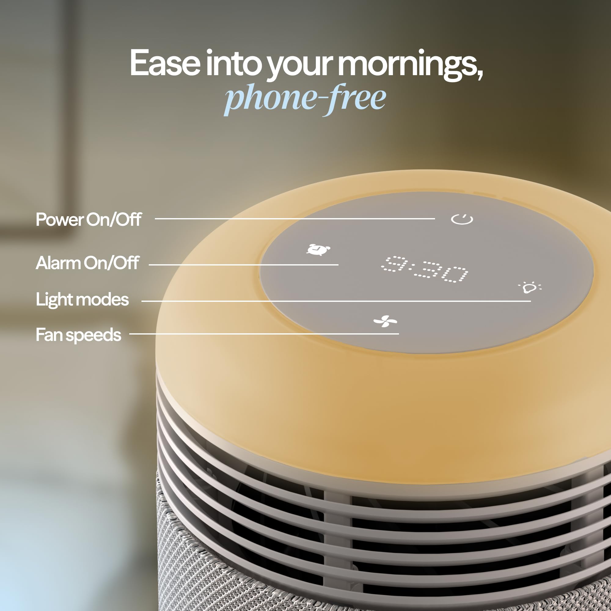 BLUEAIR Purifier for Bedroom - Mini Restful - Sunrise Clock with HEPASilent Filtration and Wake Up Light - Cleans Air and Supports Circadian Rhythm - USB-C and App Connectivity, Beige