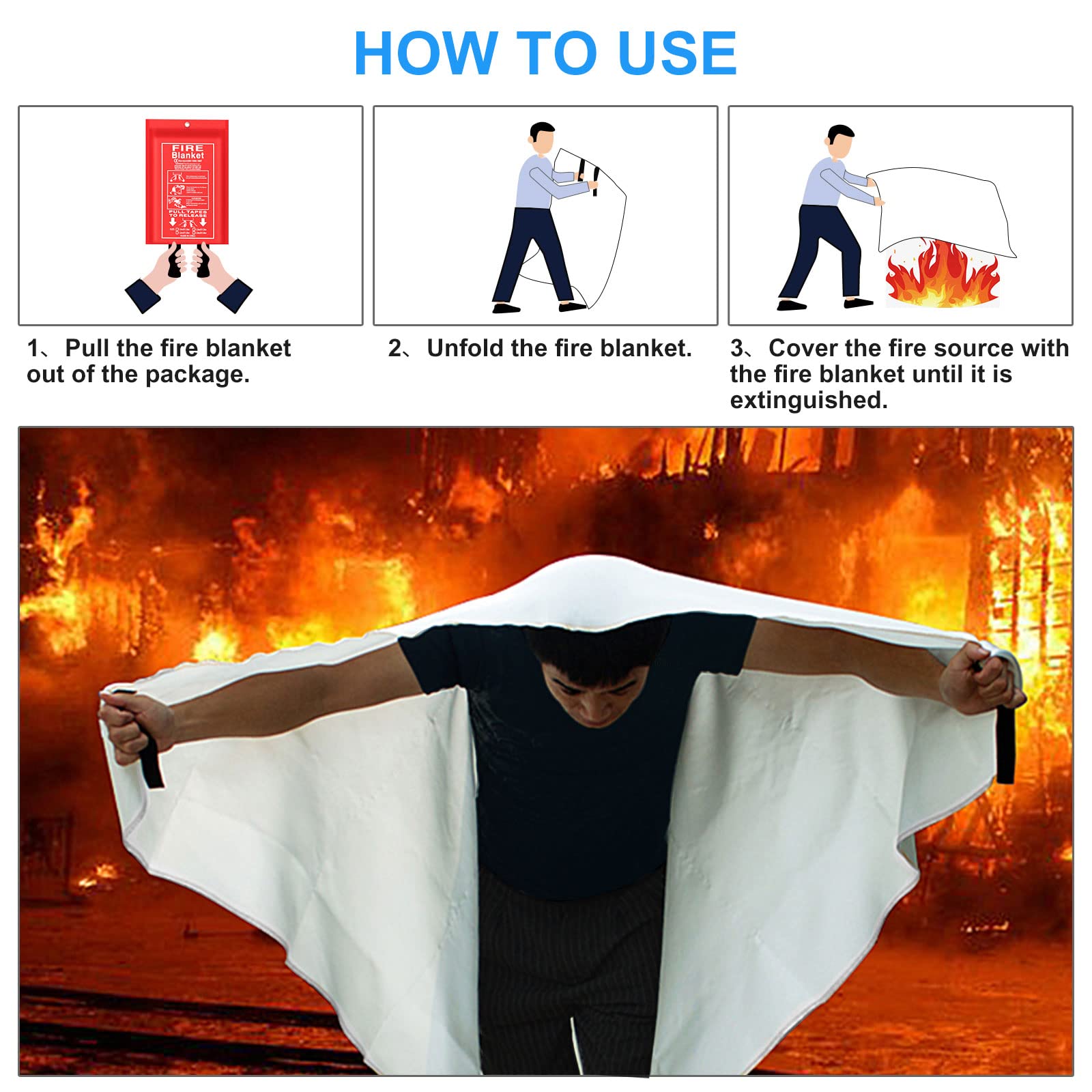 Jeagou Emergency Fire Blanket for Kitchen and Home, 2 Pack 39.37” x 39.37” Fiberglass Fire Safety Blankets for Survival, Suppression Fire Retardant Blanket