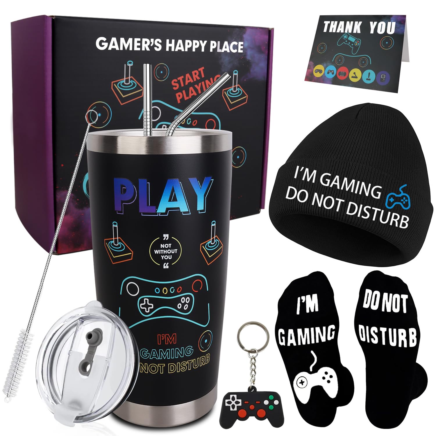 CAKKA Gamer Gifts, 8PCS Cool Gaming Gift Bulk Set Includes Tumbler Straw Beanie Socks Key Chain Thanks Card Gift Box, Christmas Gifts for Teen Teenage Boys Men Idea