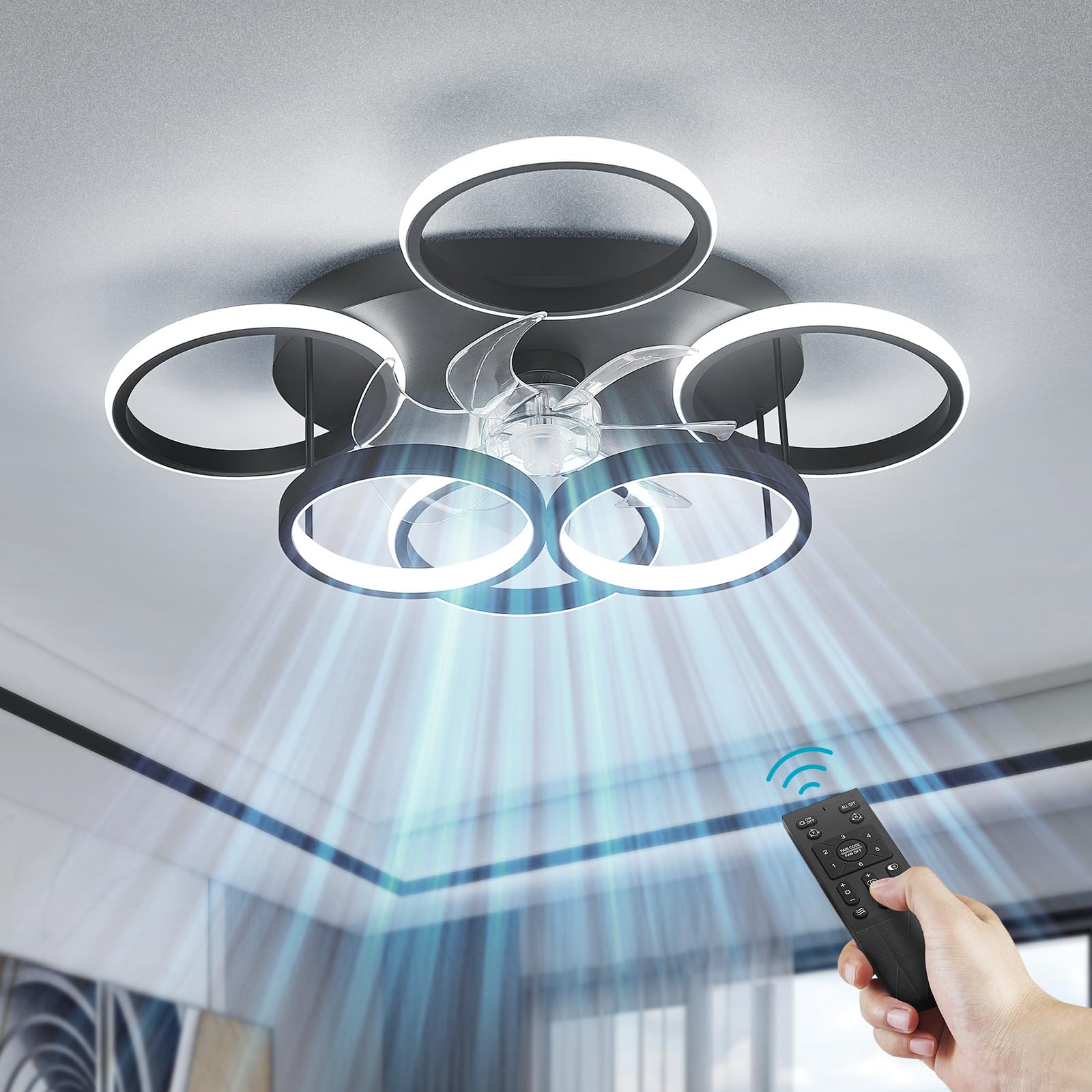 Anyeark Low Profile Ceiling Fan with Light Modern, Bedroom Ceiling Smart Fan with LED, Fandelier Ceiling Fan Flush Mount 25.6-inch, 3000K-6500K Stepless Color Change, Assembly Required (Black)