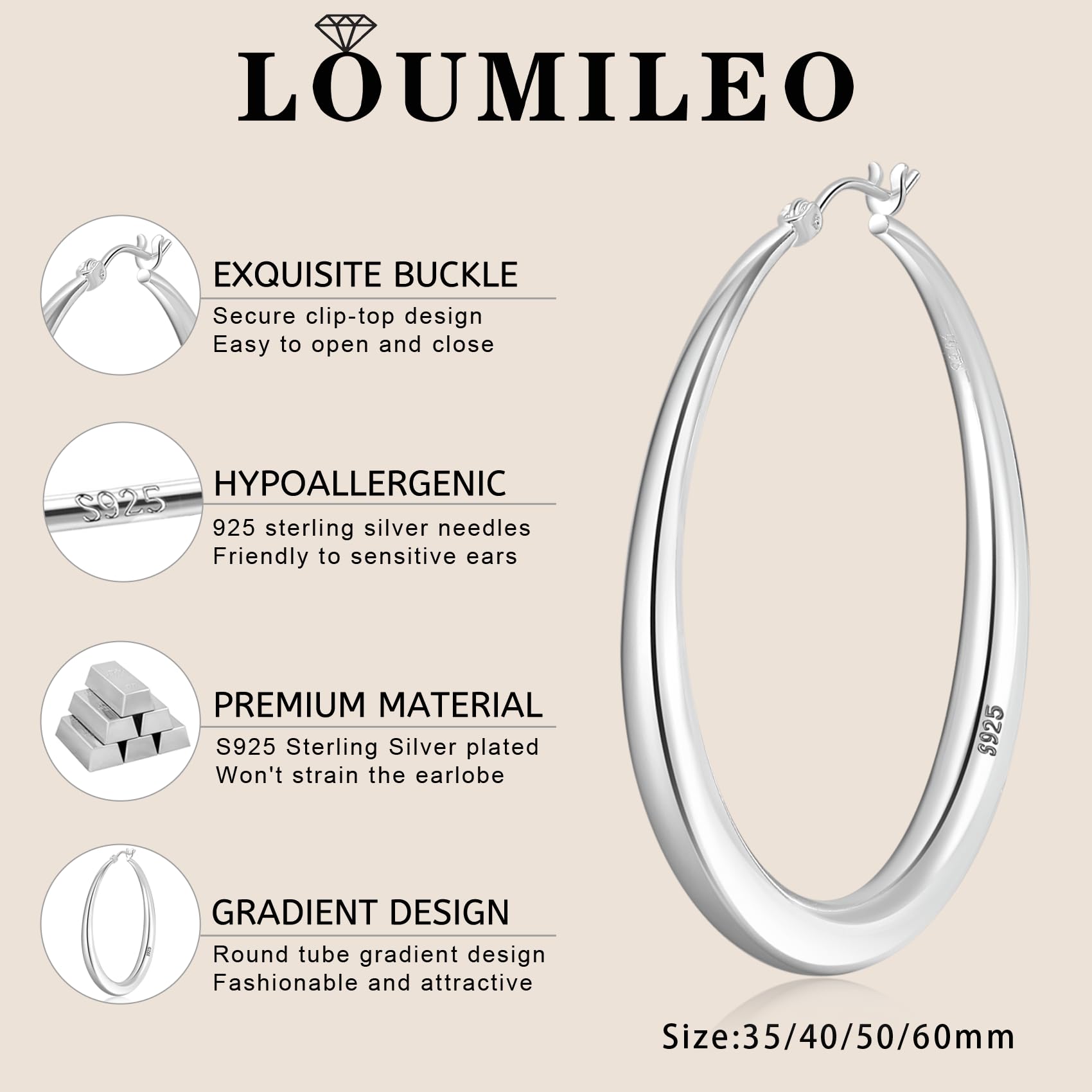 LOUMILEO 925 Sterling Silver Hoop Earrings Large Silver Hoop Earrings for Women Hypoallergenic Big Silver Hoop Earrings Lightweight Silver Hoops Earrings for Women Girls (50mm)