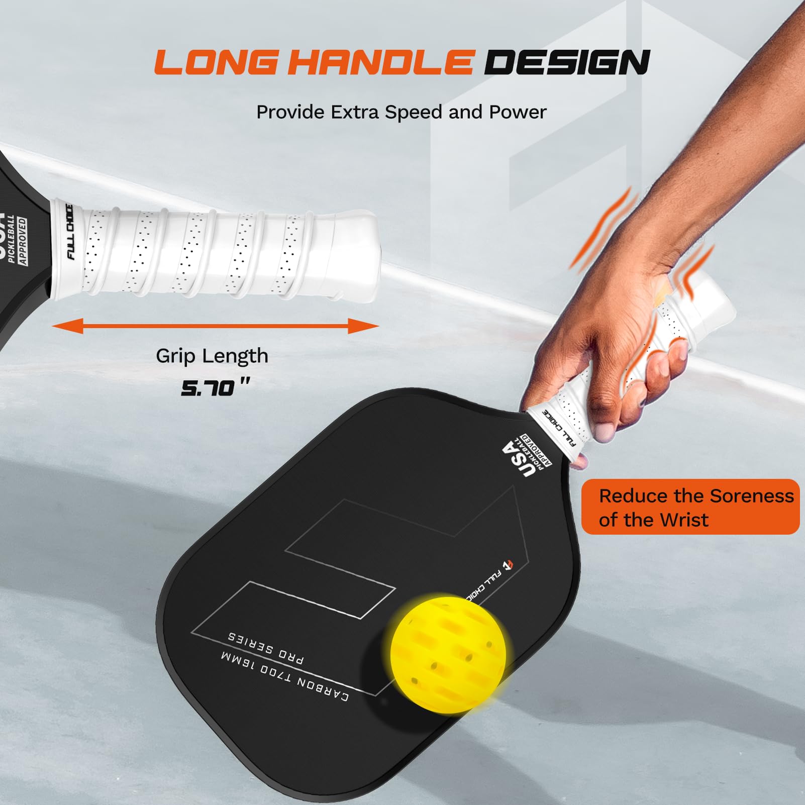 FULL CHOICE Pickleball Paddle, Long Handle Raw Carbon Fiber Surface (CFS) with 16mm Honeycomb Core, Great Control and Spin, USAPA Approved, Comes with Paddle Cover and Grip Wrap Tapes