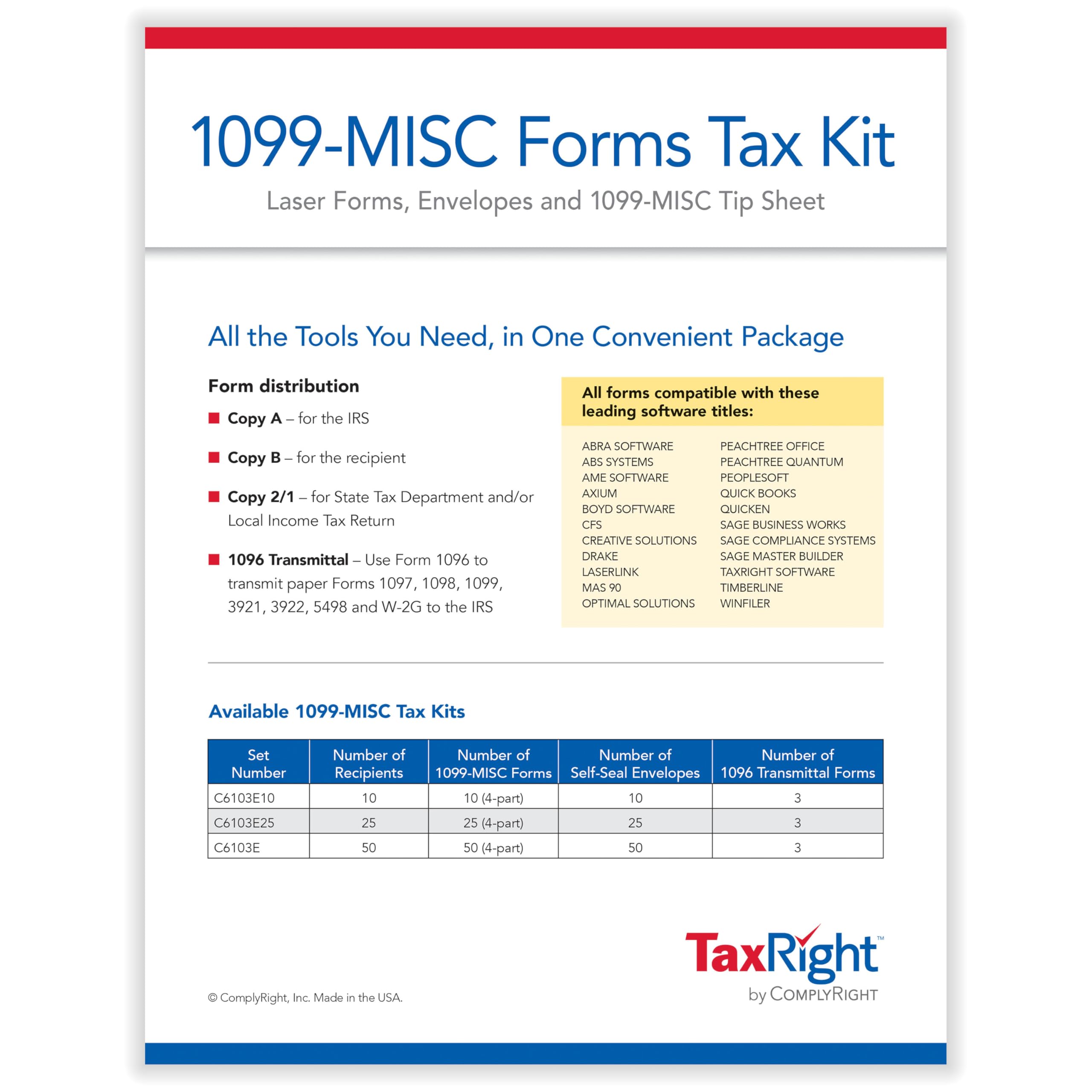 ComplyRight 2024 TaxRight 1099-MISC Tax Kit (4-Part) | 50 Recipients |Self-Seal Envelopes Included (No Software)