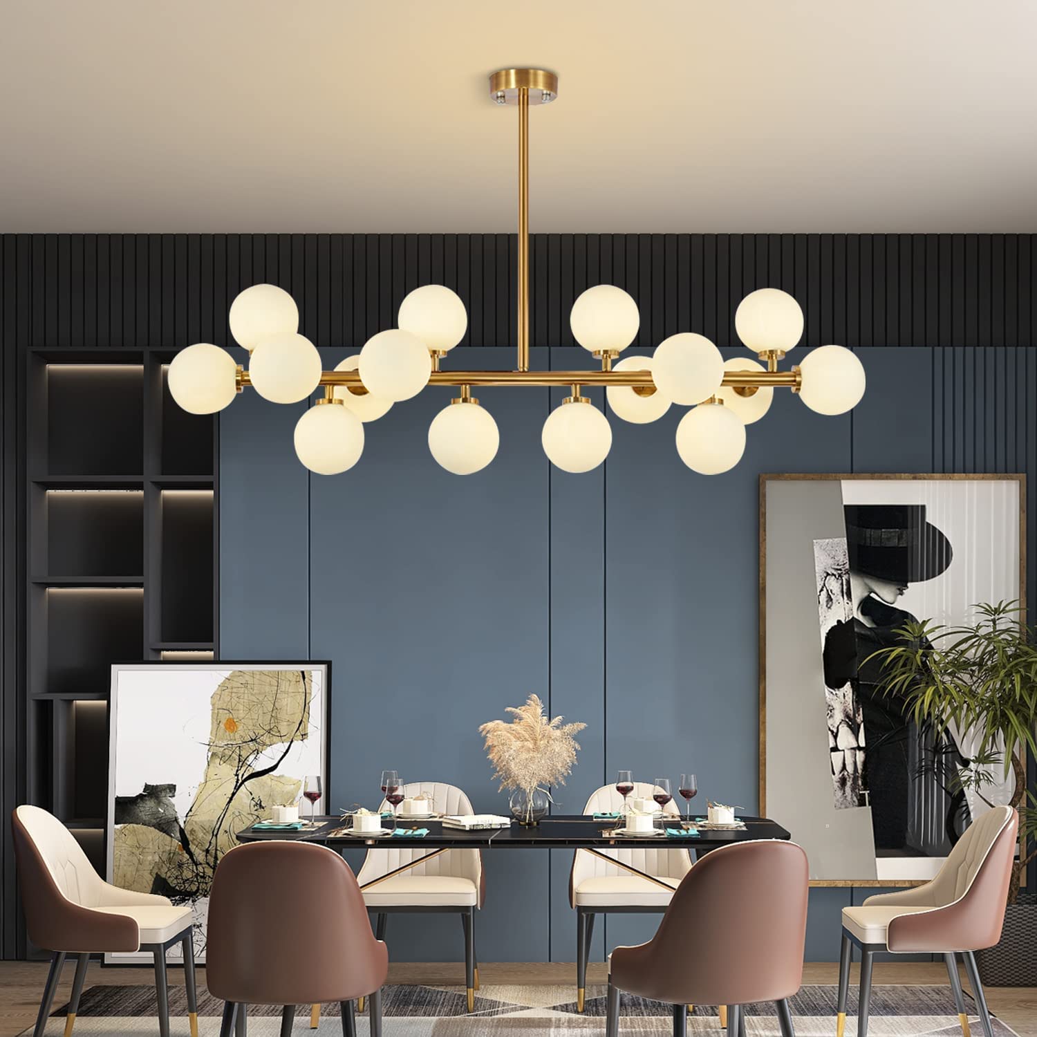 7PMBEANE Mid Century Modern Chandelier Over Table, 16-Light Globe Sputnik Chandelier Brass Pendant Lighting Fixture Hanging Ceiling Light for Dining Room, Kitchen Island