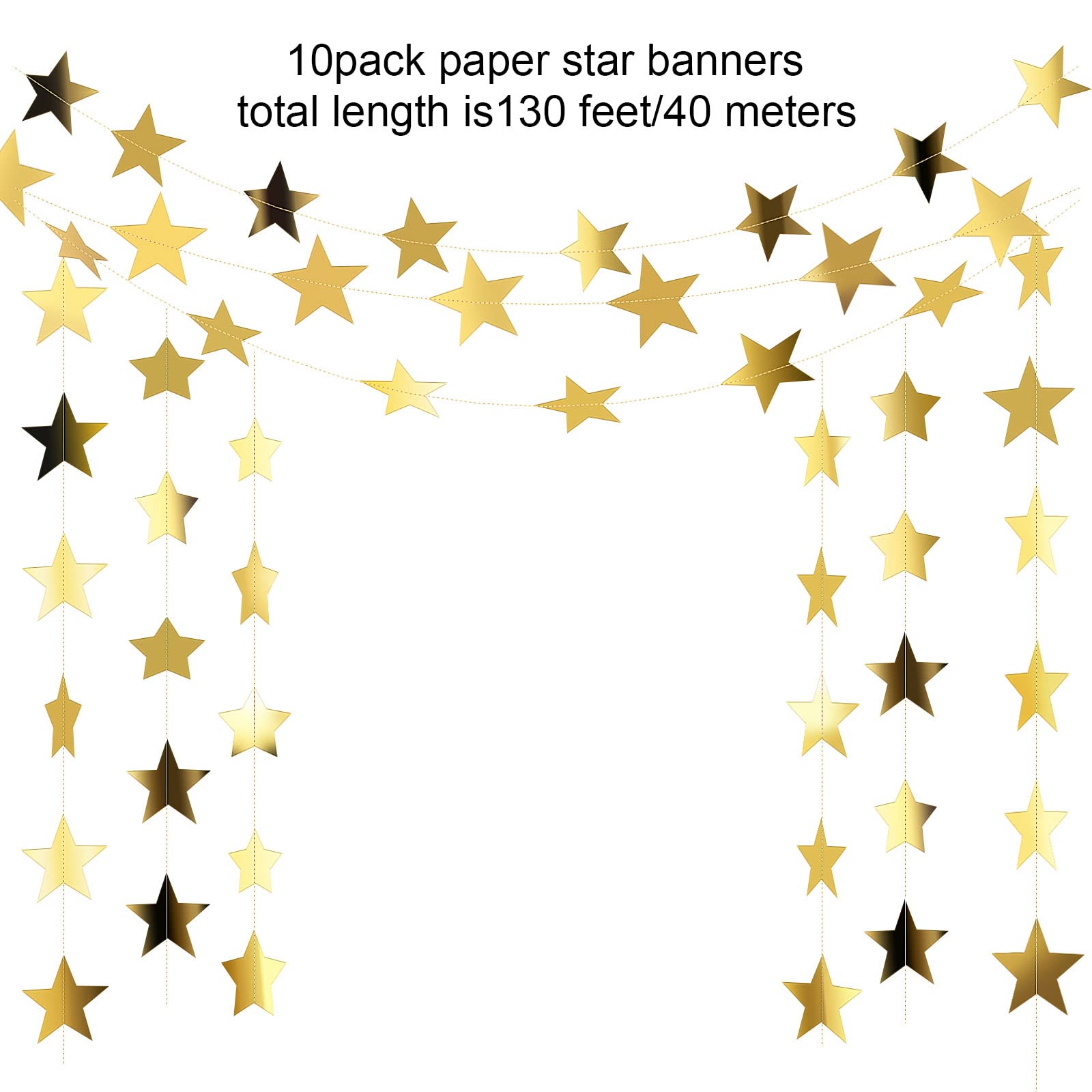 Patelai Glitter Star Garland Banner Decor, 130 Feet Bright Star Hanging Bunting Banner Backdrop for 2025 New Year Decor Graduation Wedding Birthday Christmas Party(Gold)