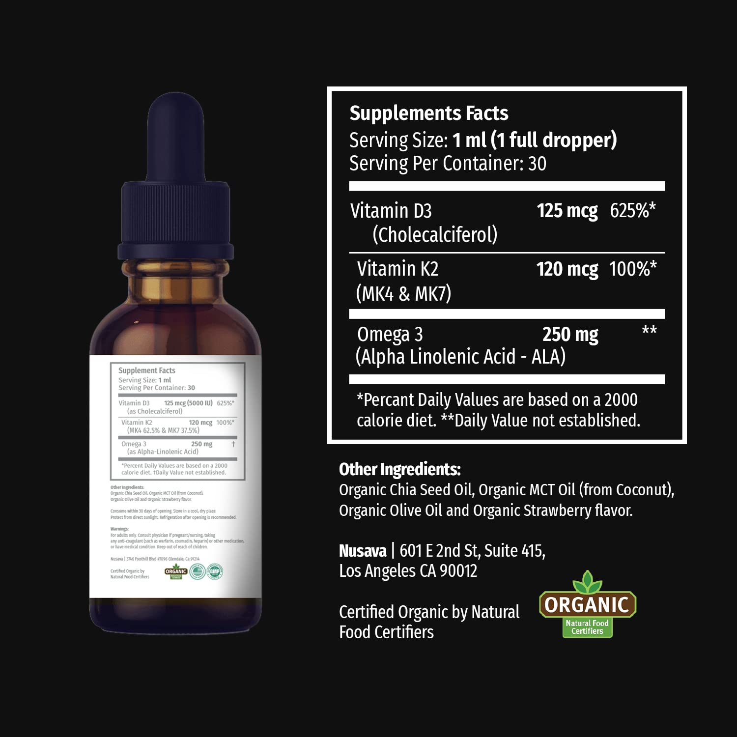 NUSAVA Strawberry Flavored D3 K2 Liquid Drops and Vanilla Flavored D3 K2 Liquid Drops Bundle - Potent Liquid Vitamins for Heart, Joint, Bone, Muscle, & Immune Support - Non-GMO, Gluten-Free, 2pk Each