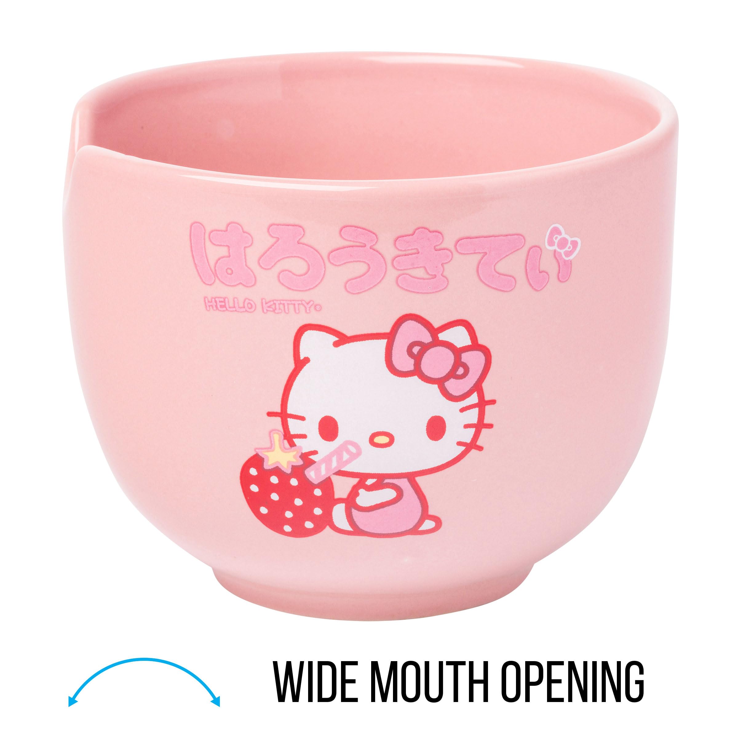 Silver Buffalo Sanrio Hello Kitty Strawberry Milk Japanese Character Ceramic Ramen Noodle Rice Bowl with Chopsticks, Microwave Safe, Pink, 20 Ounces