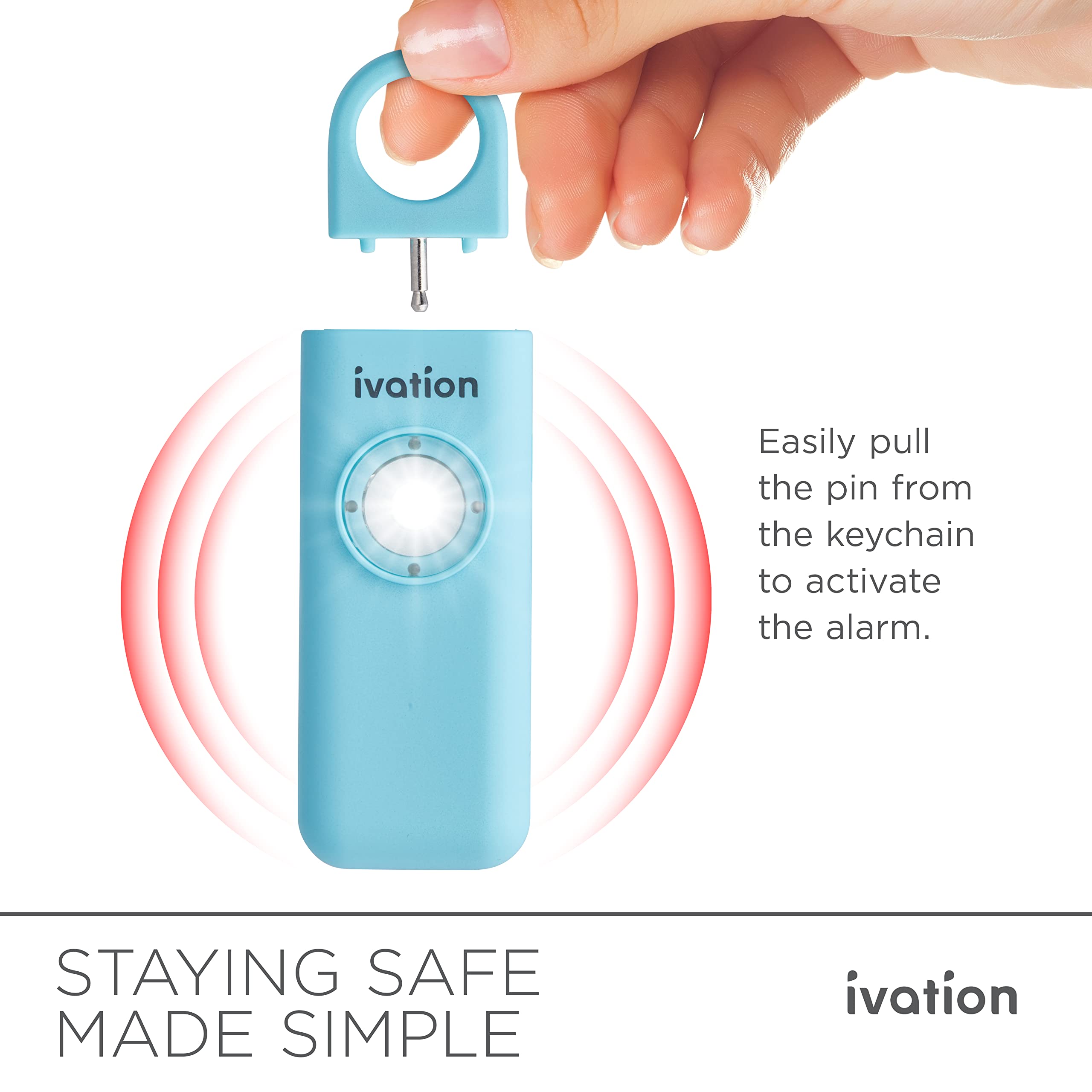 Ivation Personal SOS Alarm Keychain | Self-Defense Safety Siren & LED Panic Strobe Light with Carabiner Clip for Women, Children & Seniors | Pocket Size, Loud 125 dB Sound, Air Travel Friendly