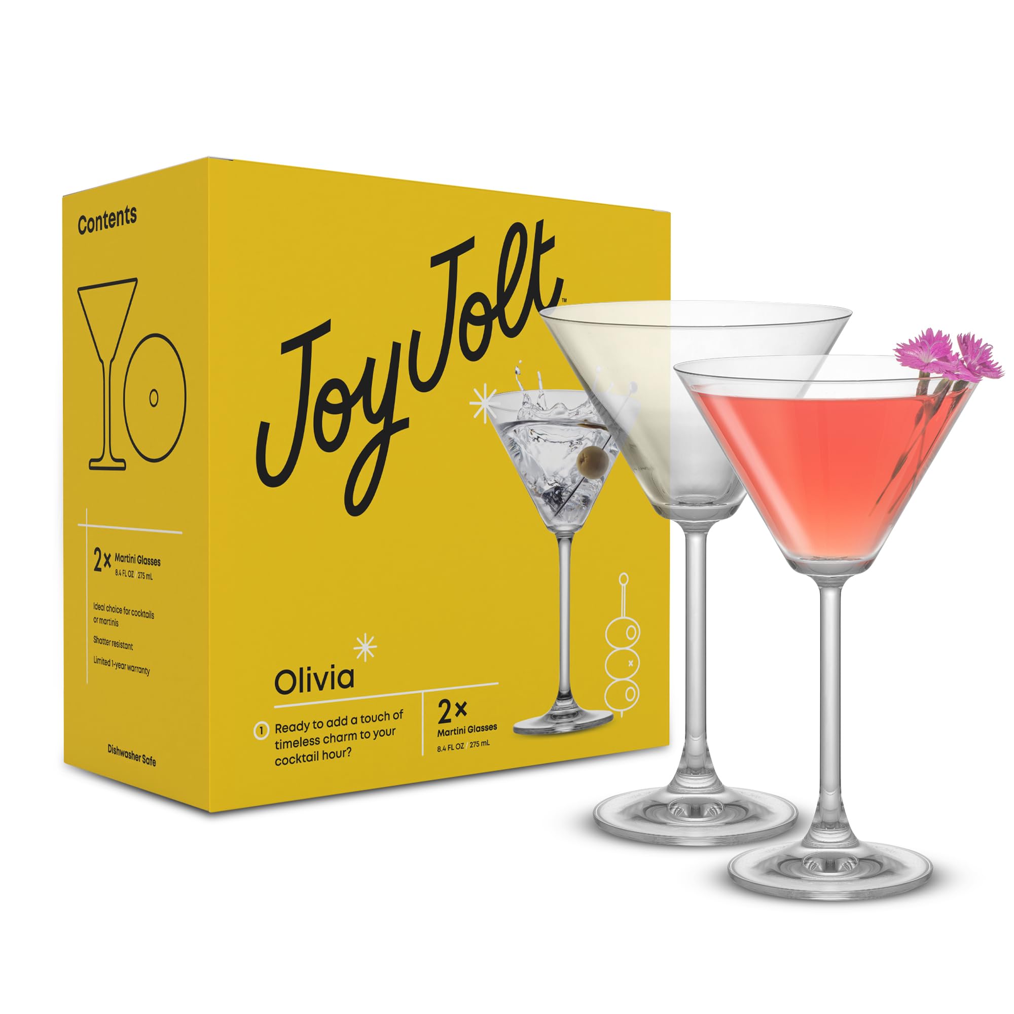 JoyJolt Olivia Crystal Martini Glasses - Premium Glassware Set Made in Europe - 9.2 oz Tall Martini Glasses - Elegant Cocktail Glasses - Set of 2 Martini Glass for Drinks such as Martini or Manhattan