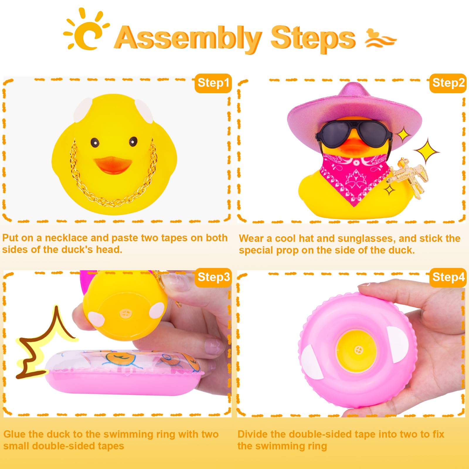 MuMyer Rubber Ducks for Cars Dashboard, Cowboy Duck Car Dashboard Decorations Accessories with Mini Holographic Cowboy Hat Swim Ring Scarf Sunglasses and Special Prop(Rose&US)