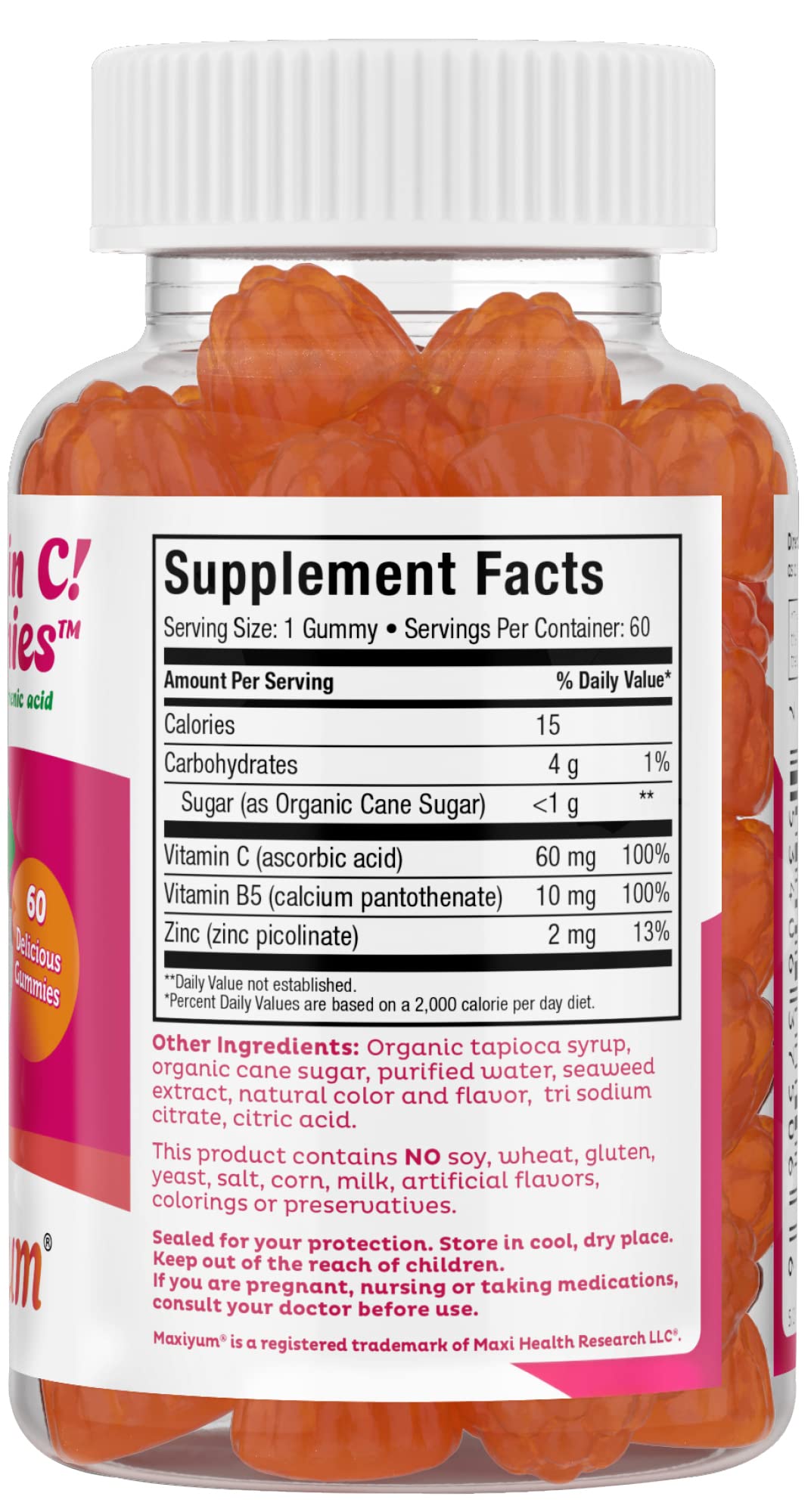 Vitamin C Gummies with Zinc - Maxi-Health Vitamin C with Zinc for Children and Adults - Respiratory Support and Immune Booster - No Preservatives and Artificial Flavors - 60 Fruit Shaped Gummies