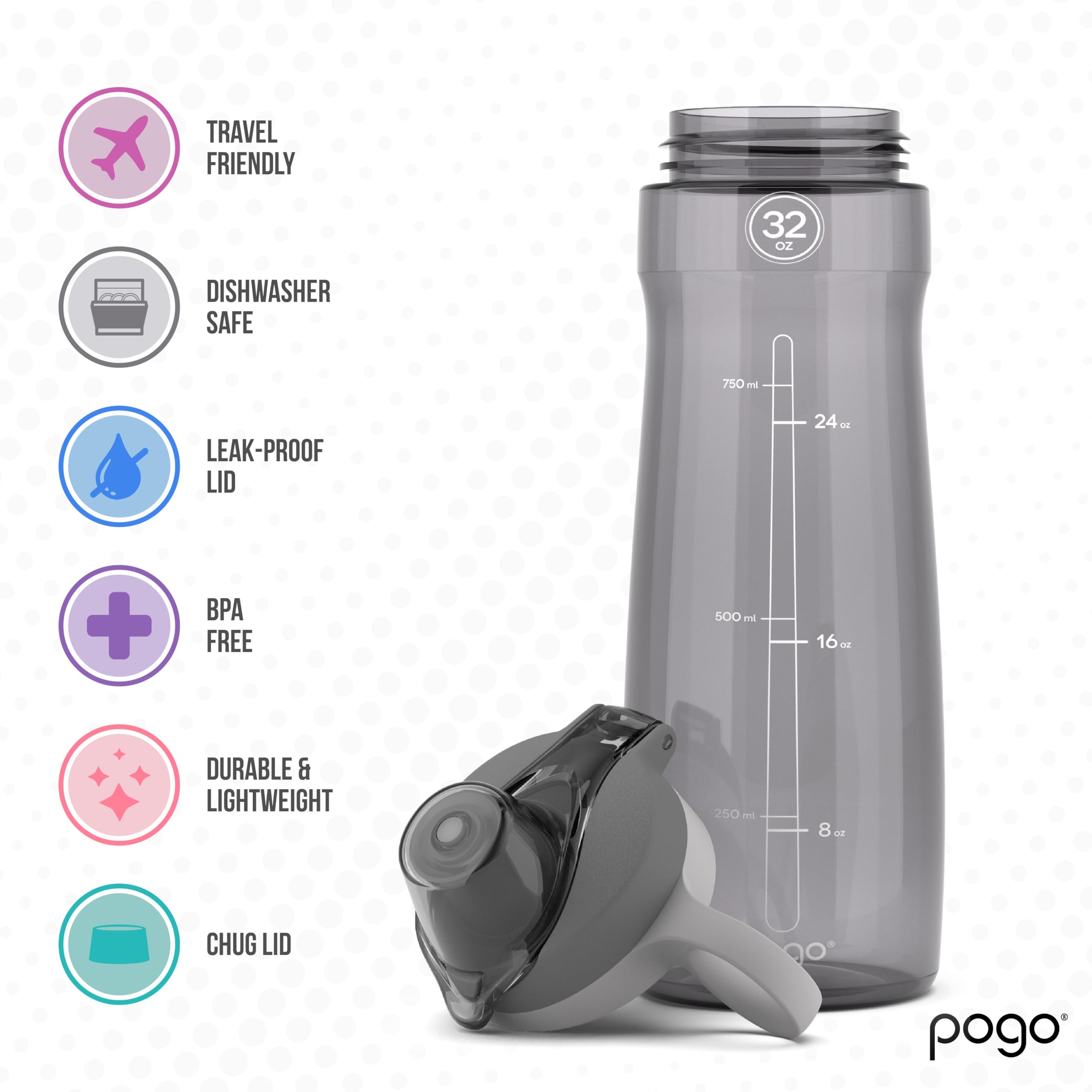 Pogo BPA-Free Tritan Plastic Water Bottle with Chug Lid, 32 Oz, Grey