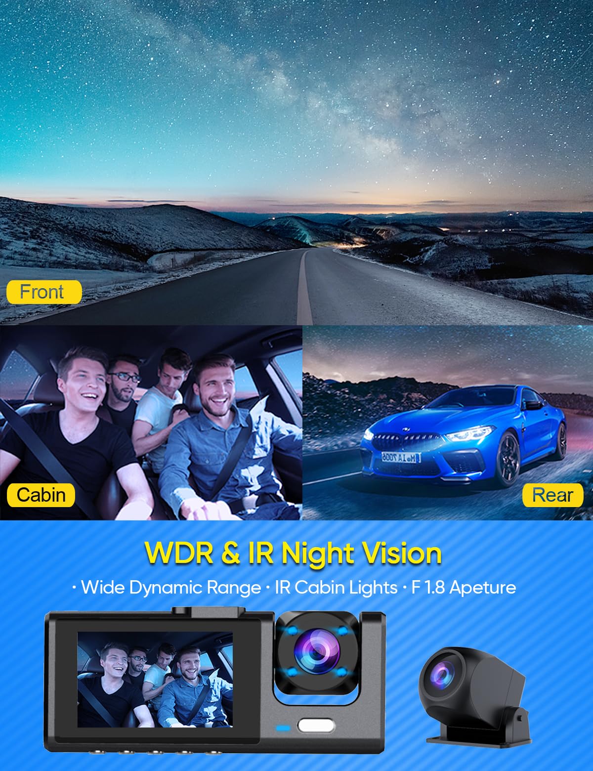 Galphi 3 Channel Dash Cam Front and Rear Inside, 1080P Dash Camera for Cars, Dashcam Three Way Triple Car Camera with IR Night Vision, Loop Recording, G-Sensor, 24 Hours Recording, Support 128 GB Max