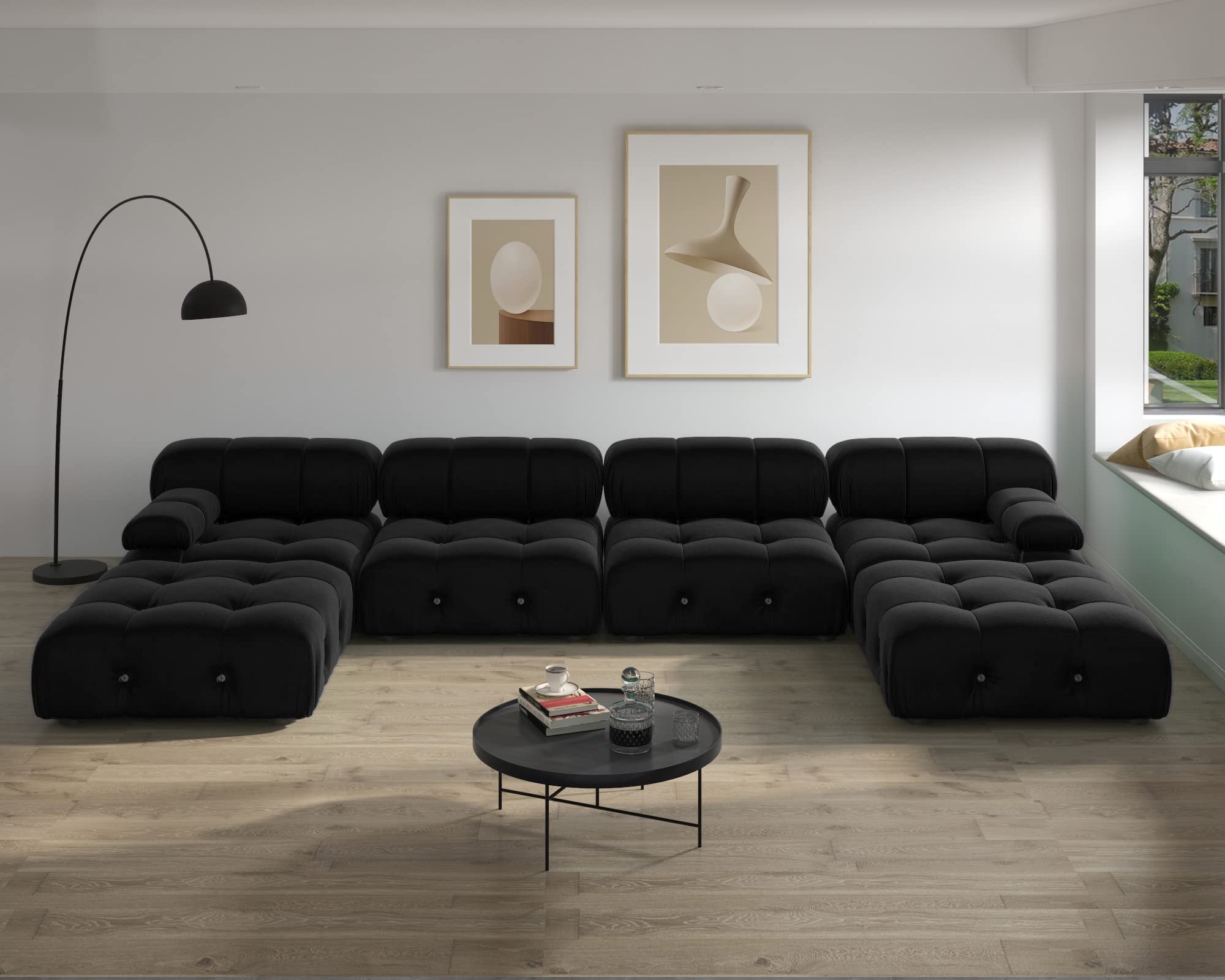JACH 138" Black Sectional Couches, U-Shaped Minimalist Velvet Sofas, Convertible Modular Sofa, Luxury Modern 6-Seats Couch Sectional with Chaise Ottomans for Living Room Bedroom Office Apartment